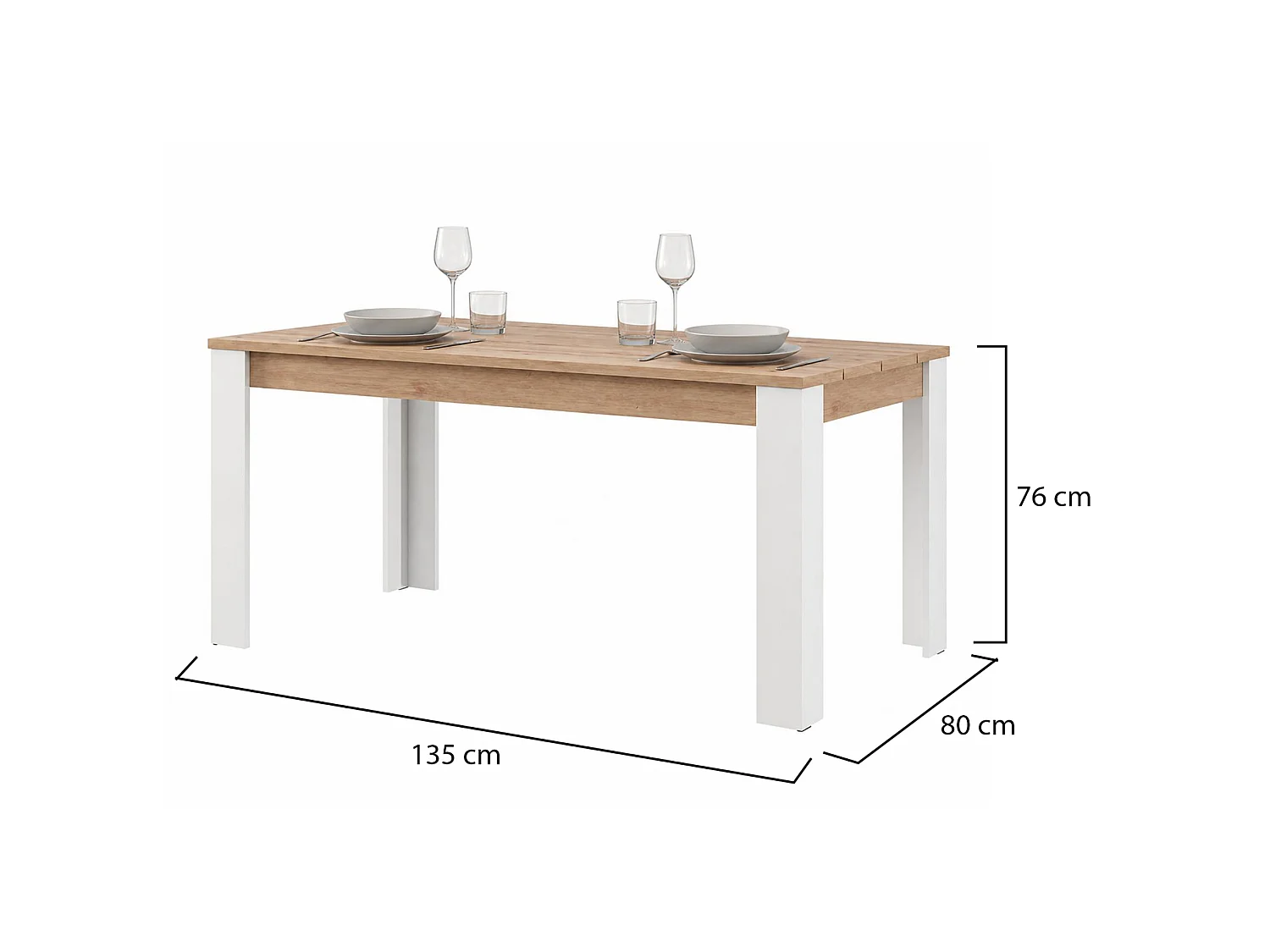 Table Fixe Luarca, 6 Places, 135x80x76h cm Chêne Brun Noeuds, Plateau Effet Lattes, Forme Rectangulaire