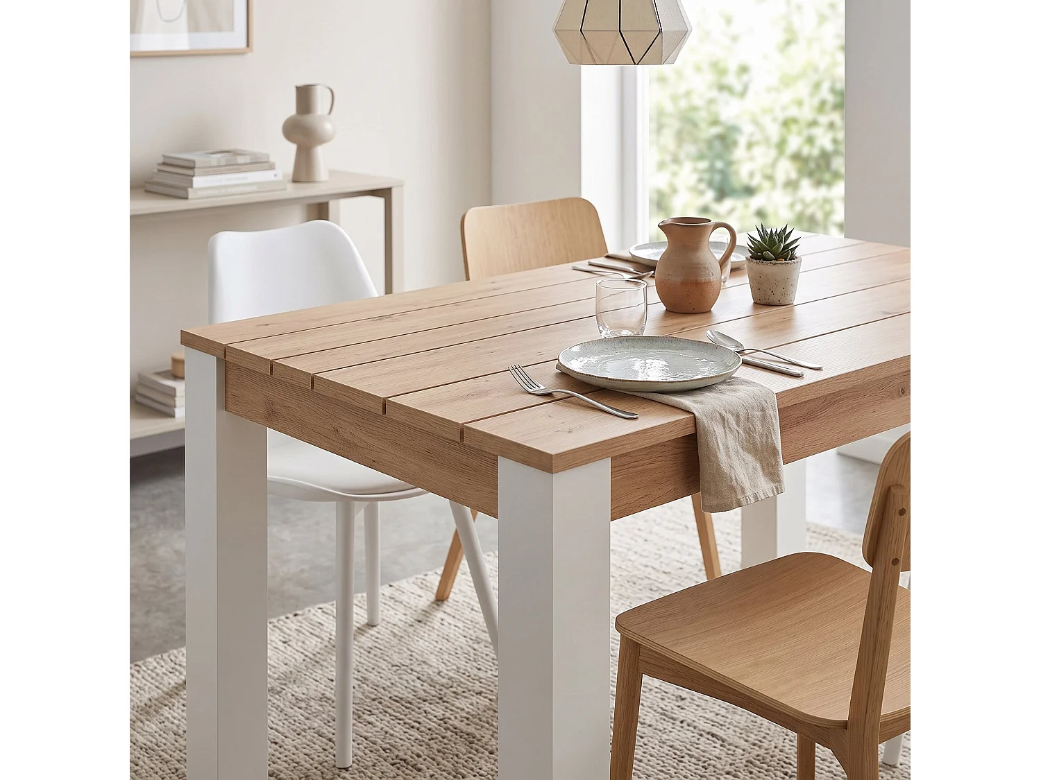 Table Fixe Luarca, 6 Places, 135x80x76h cm Chêne Brun Noeuds, Plateau Effet Lattes, Forme Rectangulaire