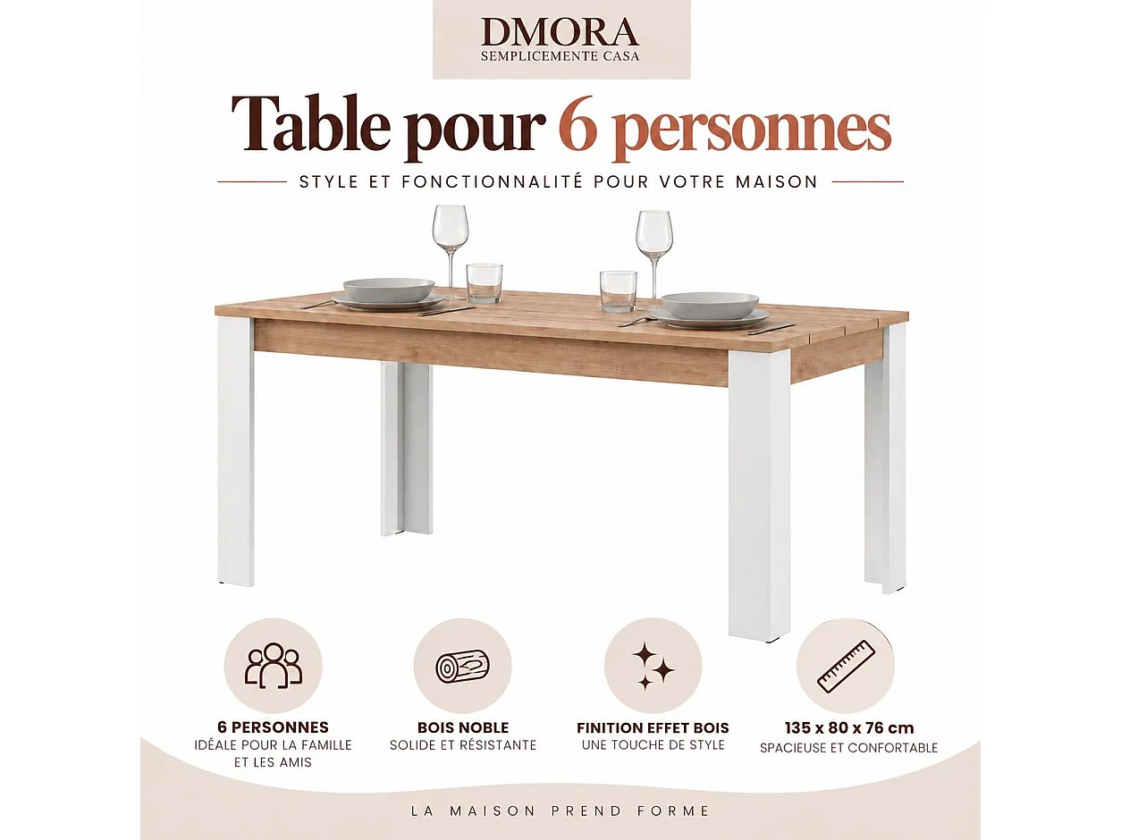 Table Fixe Luarca, 6 Places, 135x80x76h cm Chêne Brun Noeuds, Plateau Effet Lattes, Forme Rectangulaire