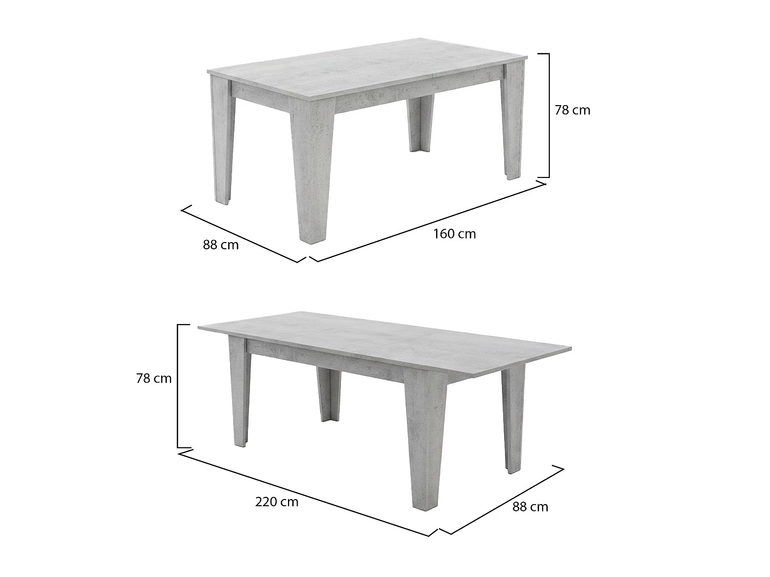 Table extensible Sassetta, 220x88x78h cm, Gris Ciment, extension centrale, longueur max 220 cm