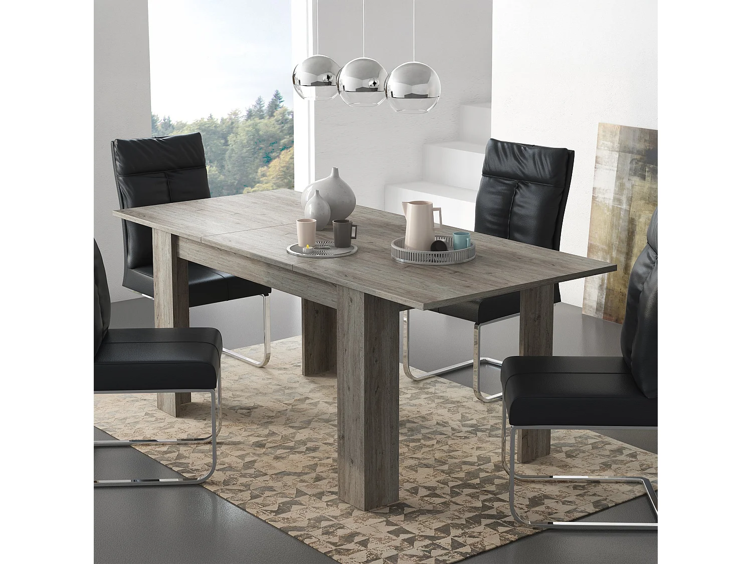 Table extensible Marene, extensible, 200x90x75h cm chêne gris, mécanisme d'extension centrale, longueur max 200 cm