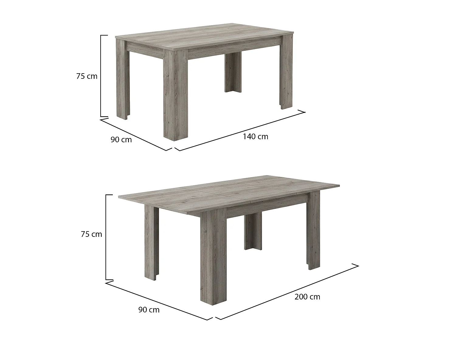 Table extensible Marene, extensible, 200x90x75h cm chêne gris, mécanisme d'extension centrale, longueur max 200 cm