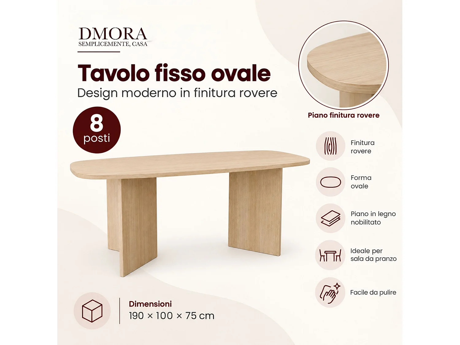 Table Fixe Milani, 6 Places, 190x100x75h cm Marron Chêne, Forme Ovale, Teinte Couleur Structure Chêne