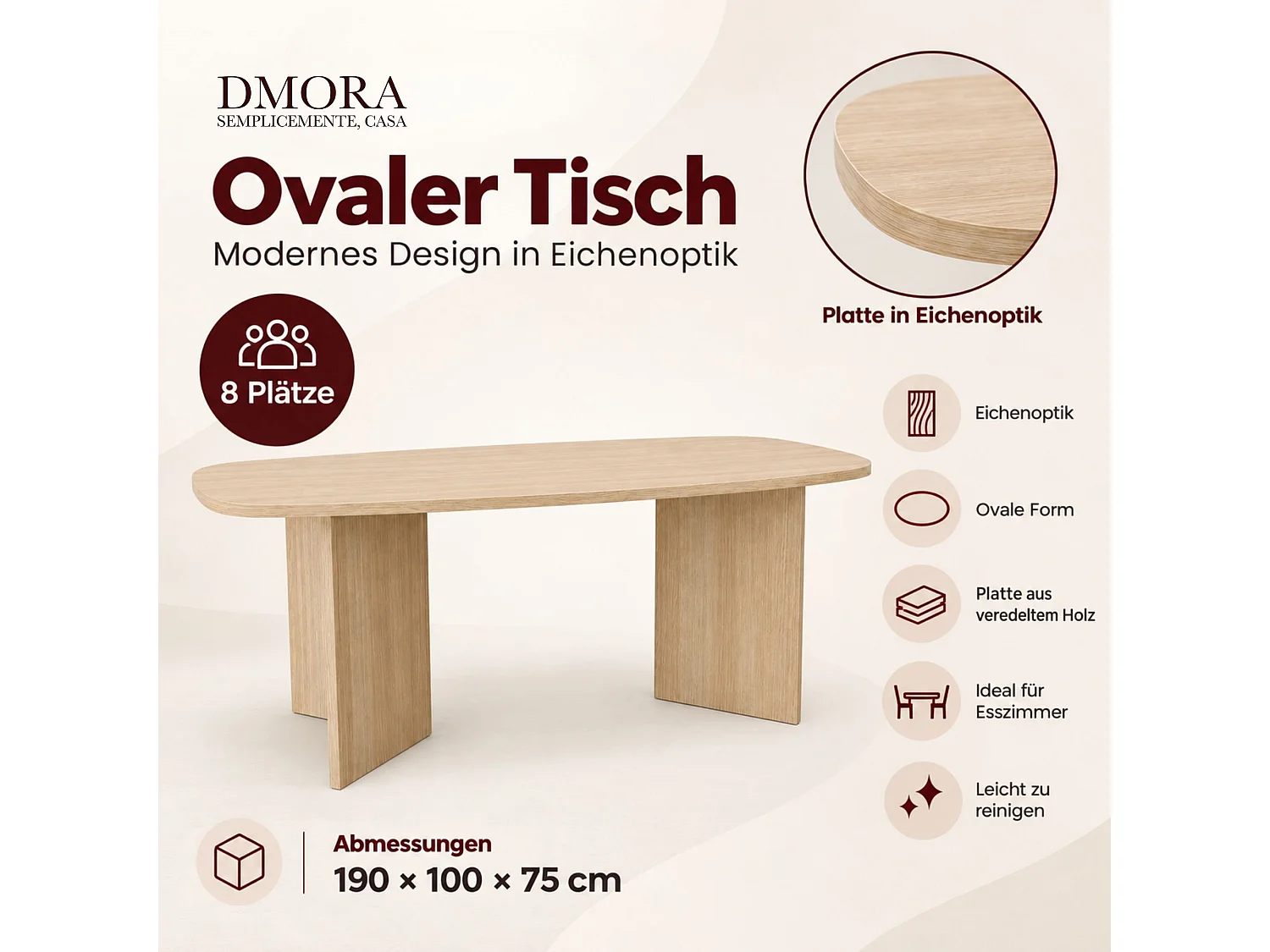 Table Fixe Milani, 6 Places, 190x100x75h cm Marron Chêne, Forme Ovale, Teinte Couleur Structure Chêne