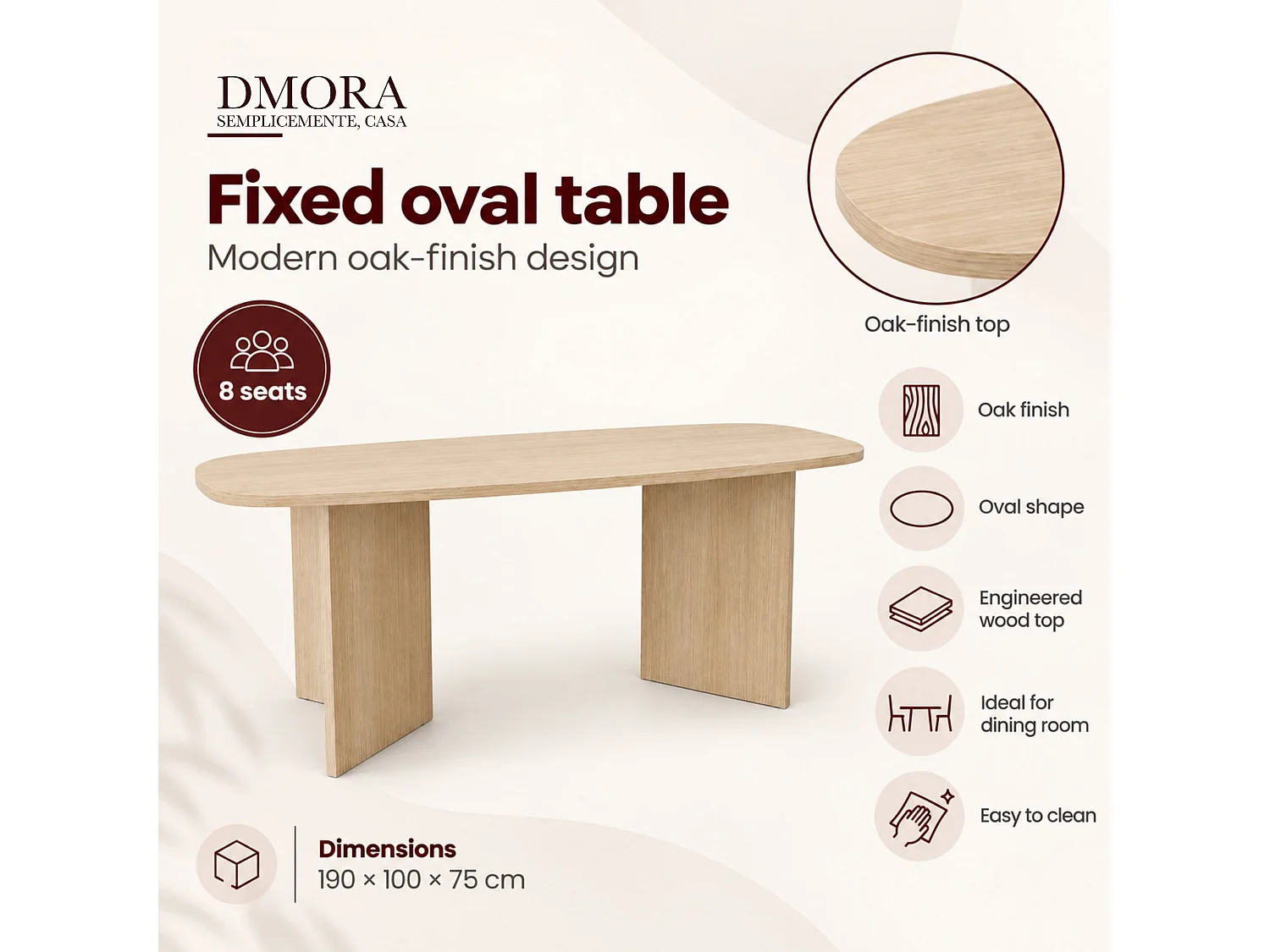 Table Fixe Milani, 6 Places, 190x100x75h cm Marron Chêne, Forme Ovale, Teinte Couleur Structure Chêne