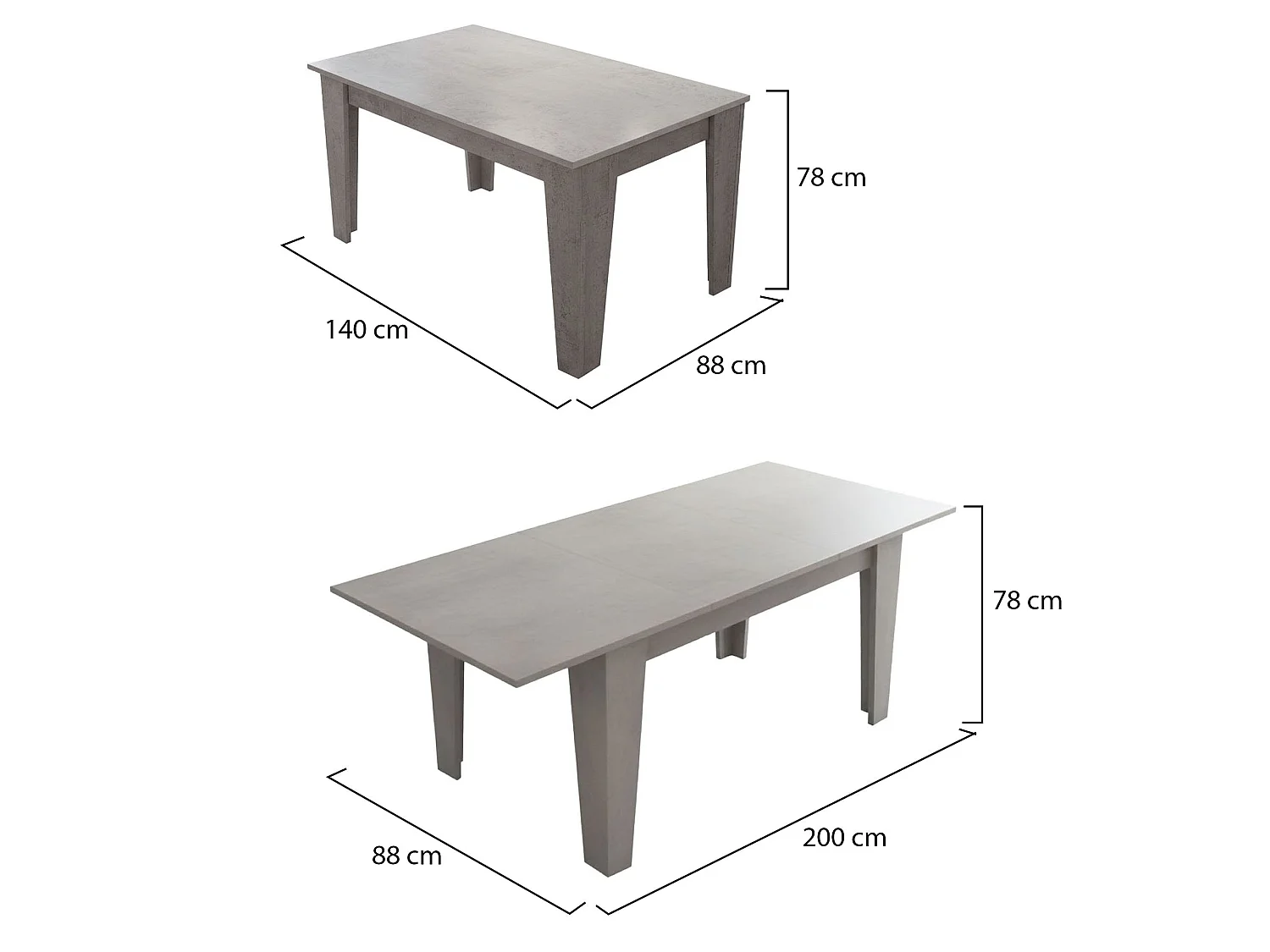 Table Extensible Salmour, Extensible, 200x88x78h cm Gris Ciment, Mécanisme d'Extension Centrale, Longueur Maximale 200 cm
