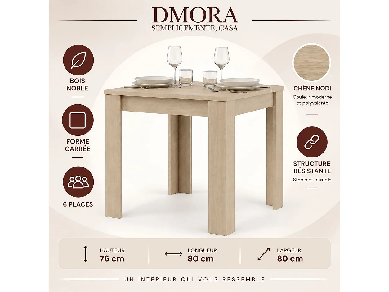 Table Fixe Trosa, 4 Places, 80x80x76h cm Chêne Brun, Plateau Effet Lattes, Forme Carrée