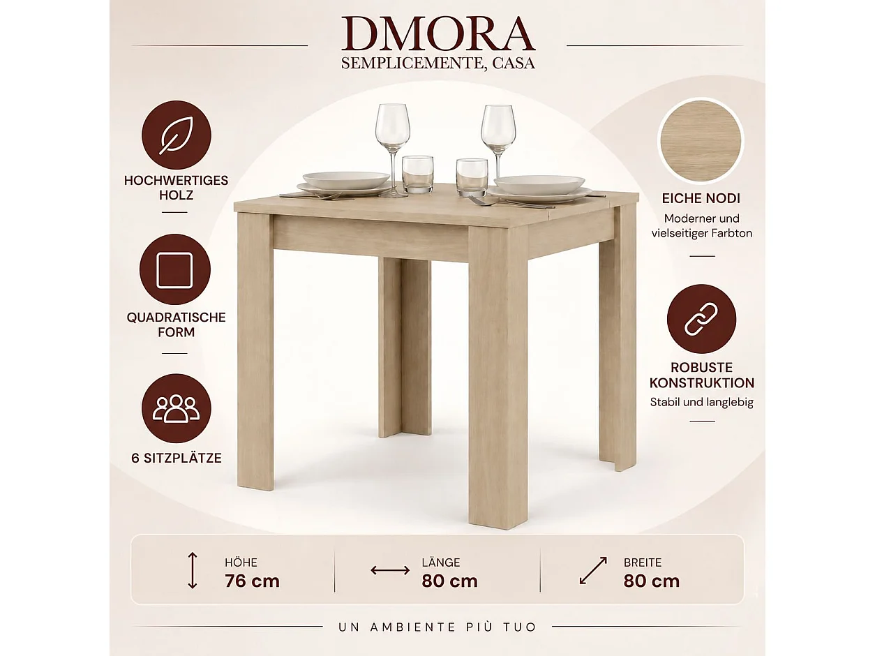 Tavolo Fisso Trosa, 4 Posti, 80x80x76h cm Marrone Rovere, Ripiano Effetto Dogato, Forma Quadrato