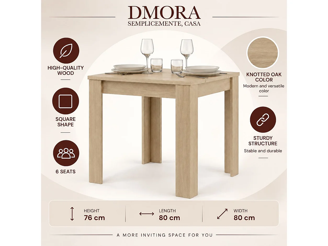 Tavolo Fisso Trosa, 4 Posti, 80x80x76h cm Marrone Rovere, Ripiano Effetto Dogato, Forma Quadrato