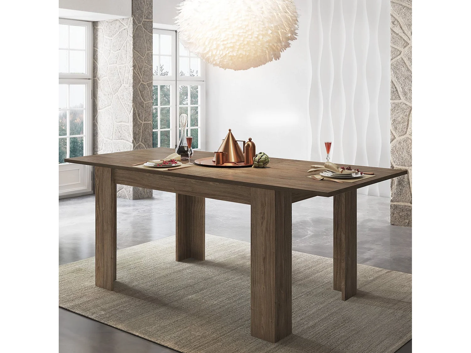 Table extensible Marene, 200x90x75h cm, chêne brun, mécanisme d'extension central, longueur max 200 cm