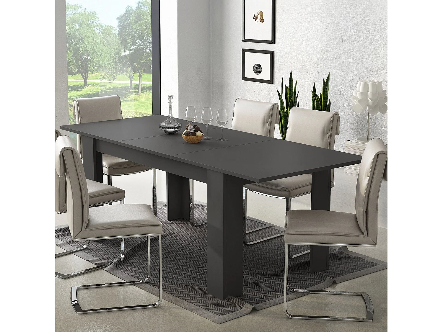 Table extensible Campora, 220x90x75h cm Noir Anthracite, mécanisme d'extension centrale, longueur max 220 cm