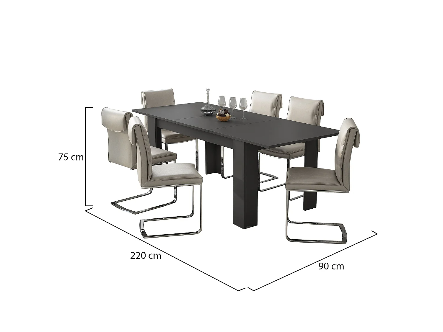 Table extensible Campora, 220x90x75h cm Noir Anthracite, mécanisme d'extension centrale, longueur max 220 cm