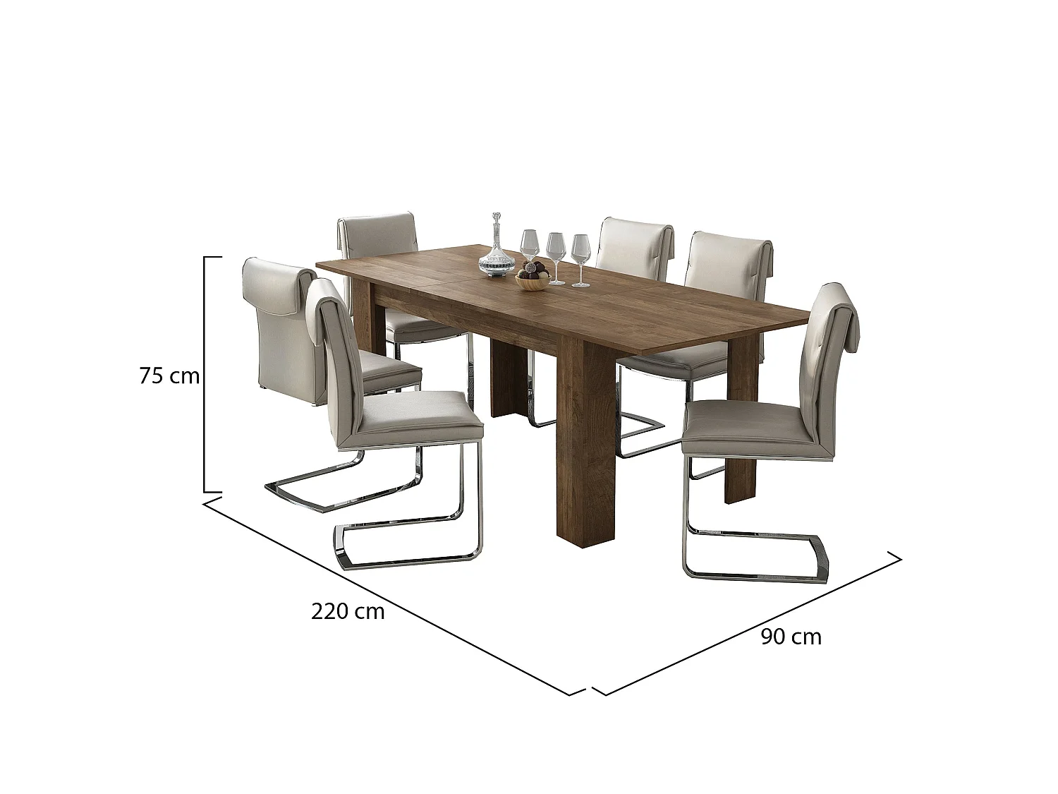 Table Extensible Campora, Extensible, 220x90x75h cm Marron Noyer, Mécanisme d'Extension Centrale, Longueur Max. 220 cm