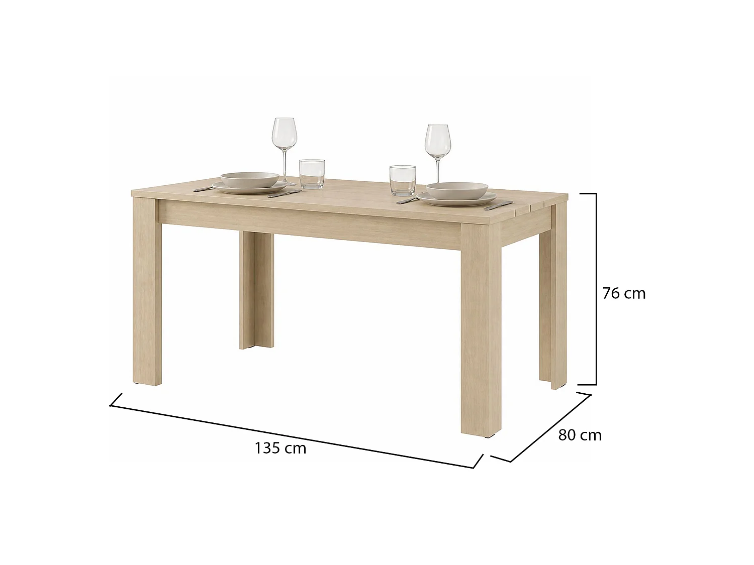 Table Fixe Luarca, 6 Places, 135x80x76h cm Chêne Marron, Plateau Effet Lattes, Forme Rectangulaire