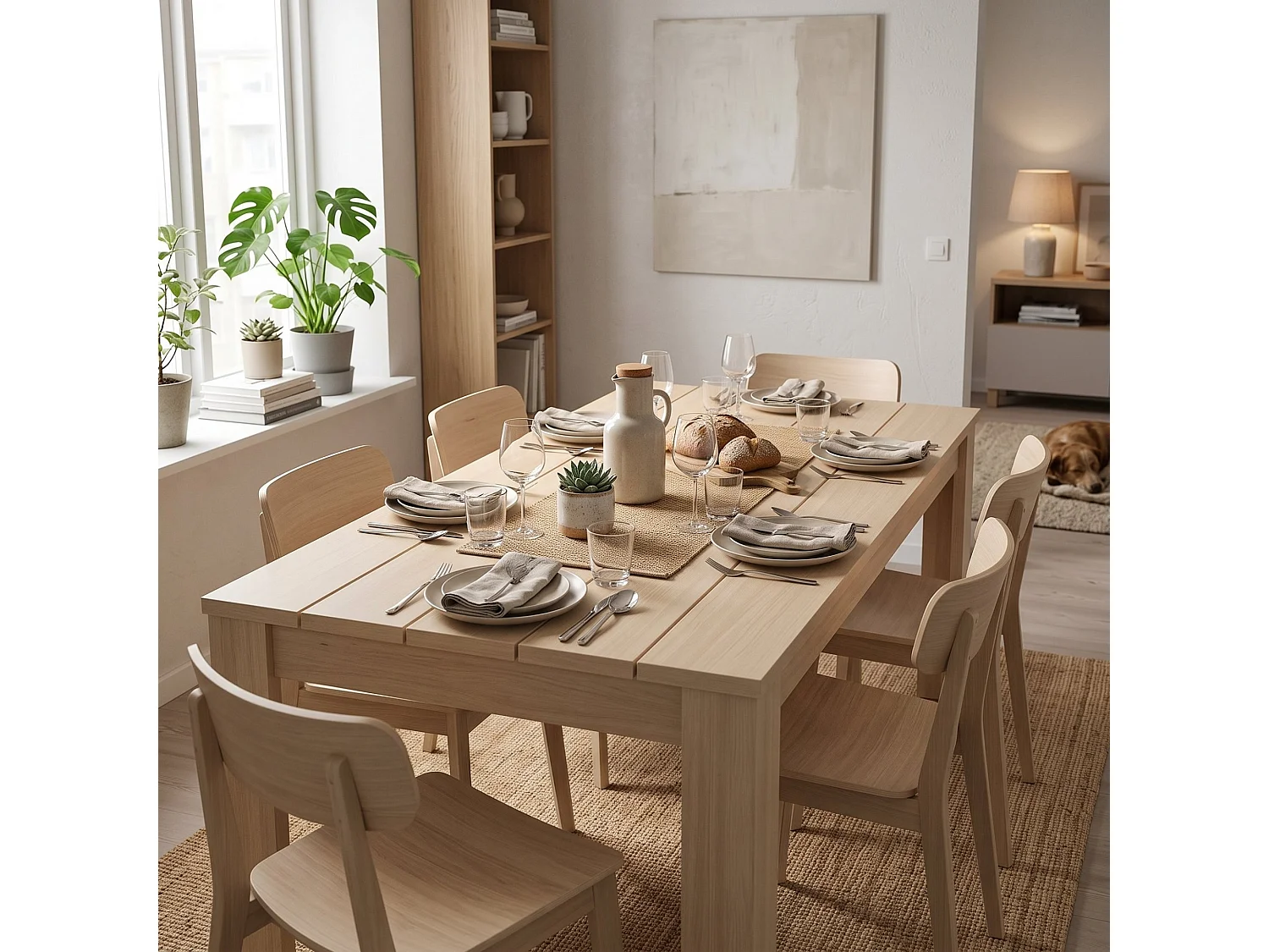 Table Fixe Luarca, 6 Places, 135x80x76h cm Chêne Marron, Plateau Effet Lattes, Forme Rectangulaire