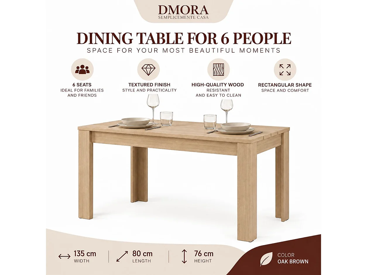 Table Fixe Luarca, 6 Places, 135x80x76h cm Chêne Marron, Plateau Effet Lattes, Forme Rectangulaire