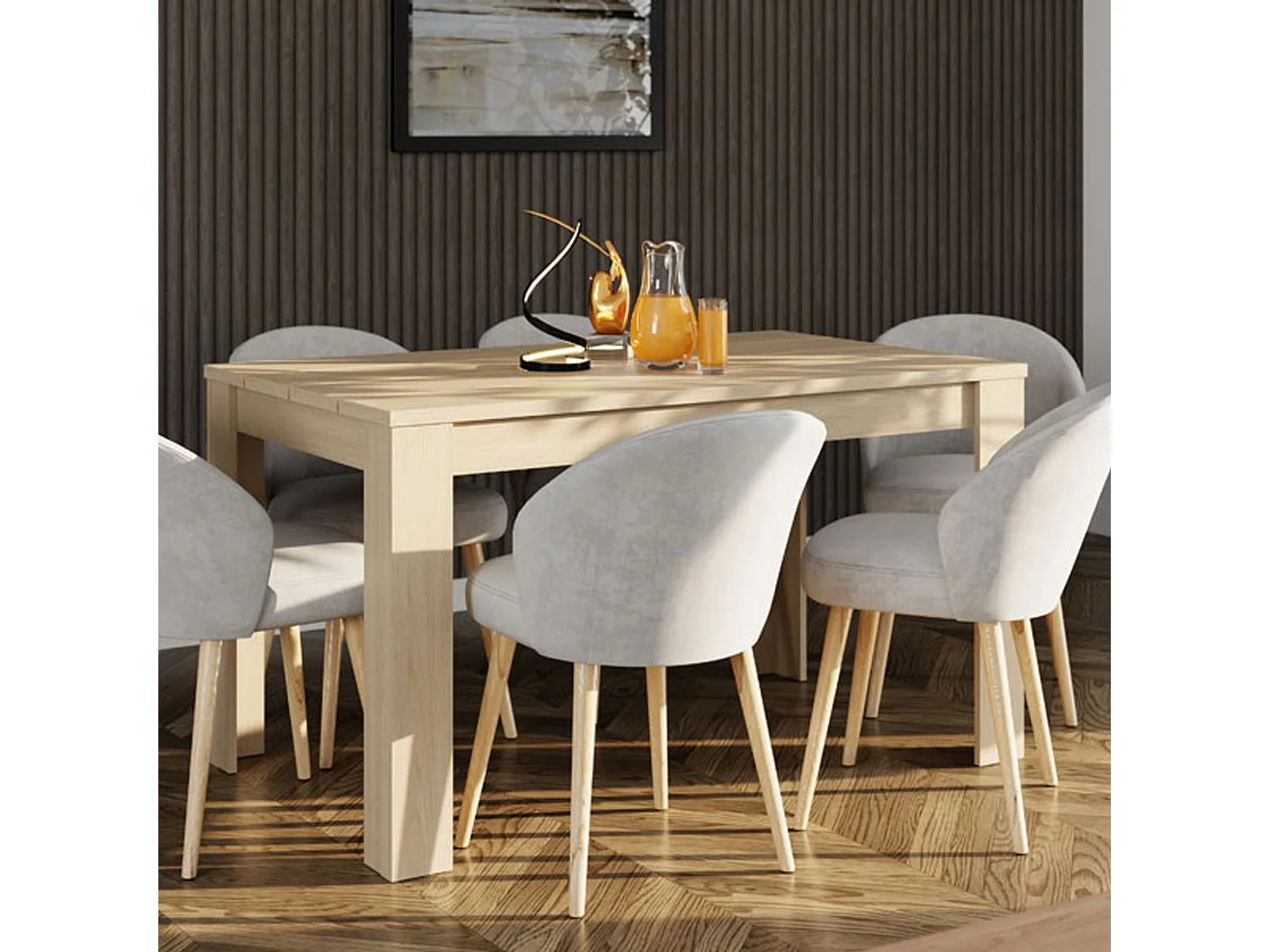 Table Fixe Luarca, 6 Places, 135x80x76h cm Chêne Marron, Plateau Effet Lattes, Forme Rectangulaire