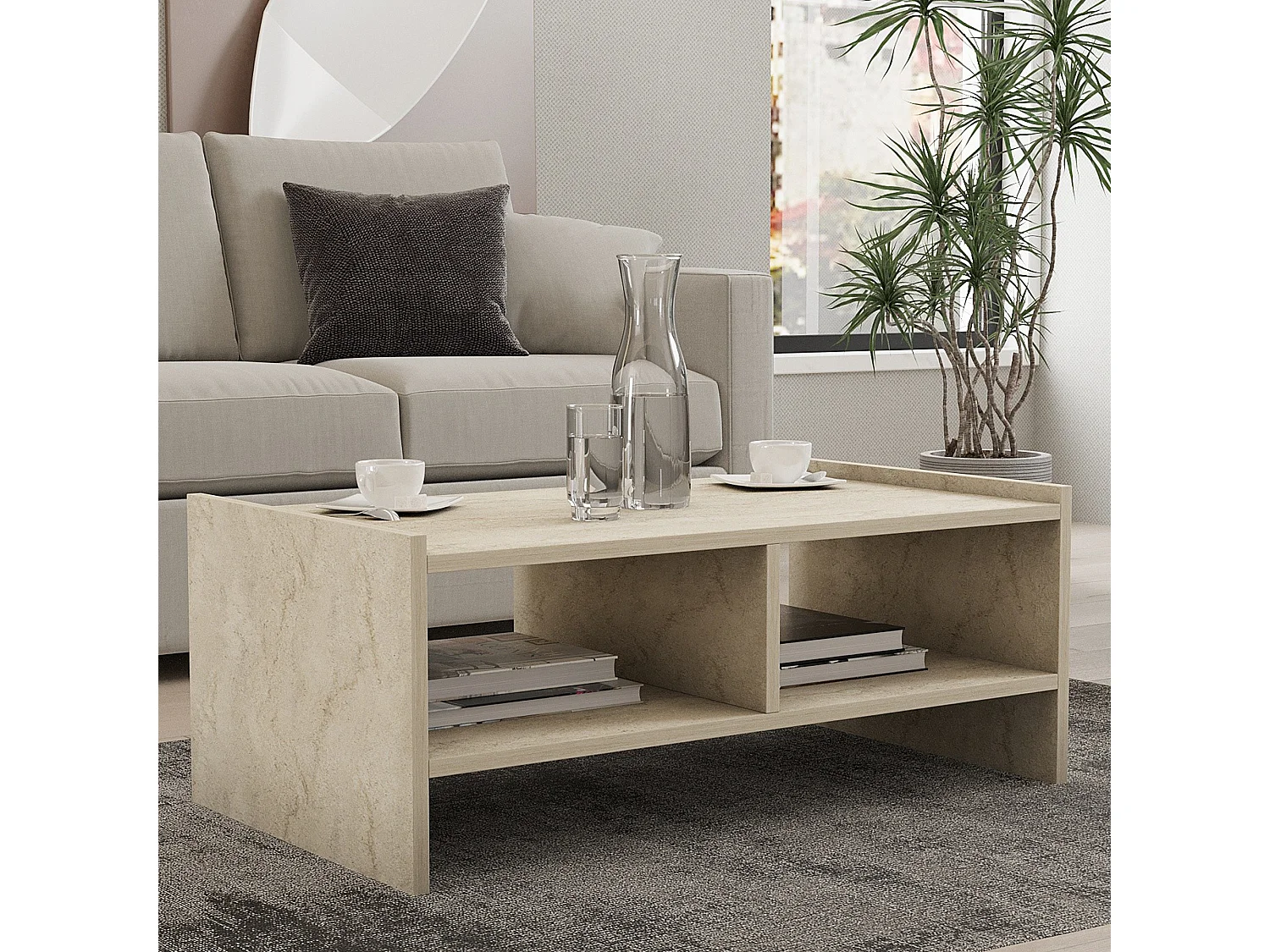Tavolino da Salotto Oria, 2 Vani, 90x50x35h cm Beige Marmo, Forma Rettangolare, Sfumatura Colore Ripiano Marmo