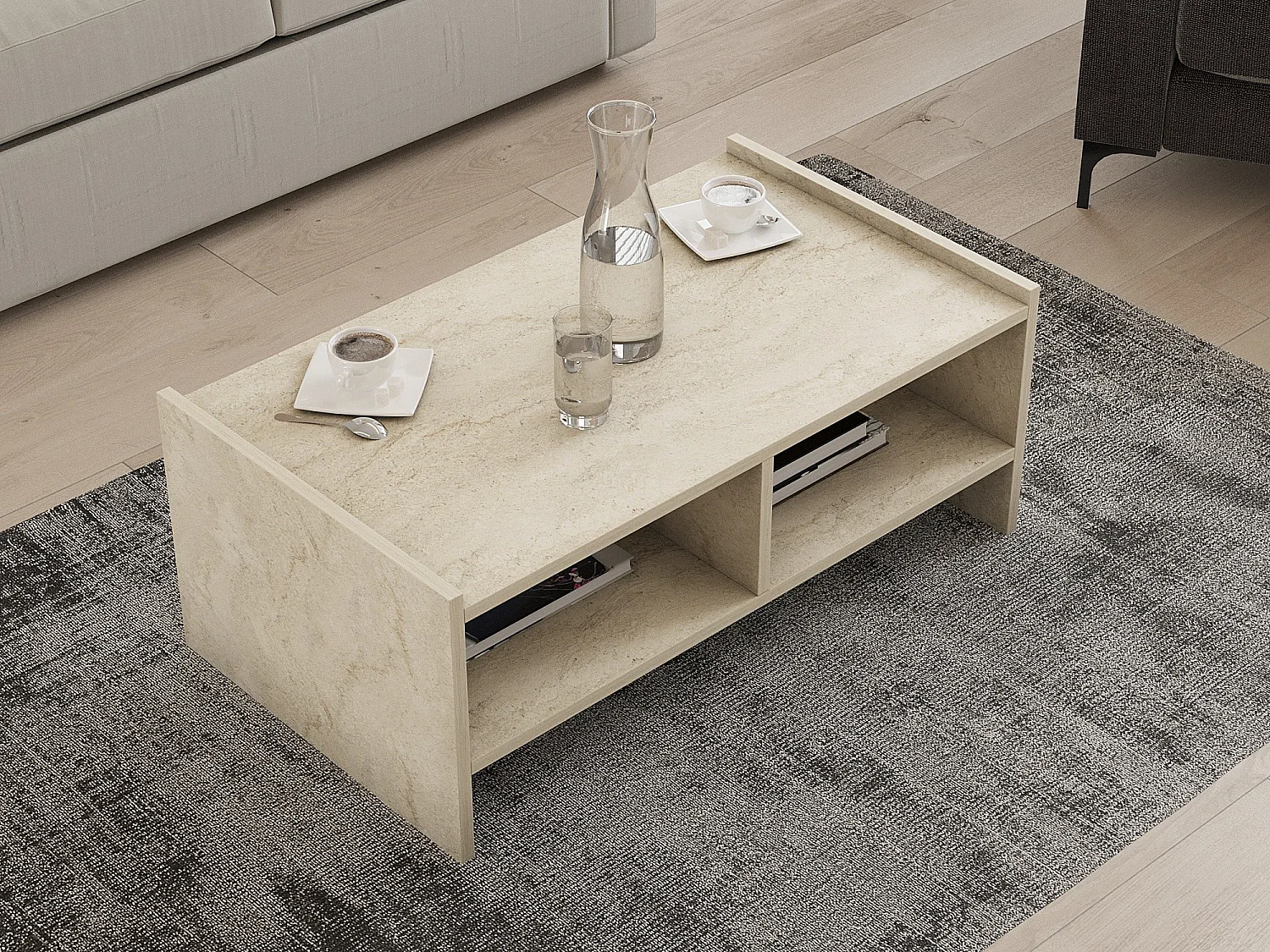Tavolino da Salotto Oria, 2 Vani, 90x50x35h cm Beige Marmo, Forma Rettangolare, Sfumatura Colore Ripiano Marmo