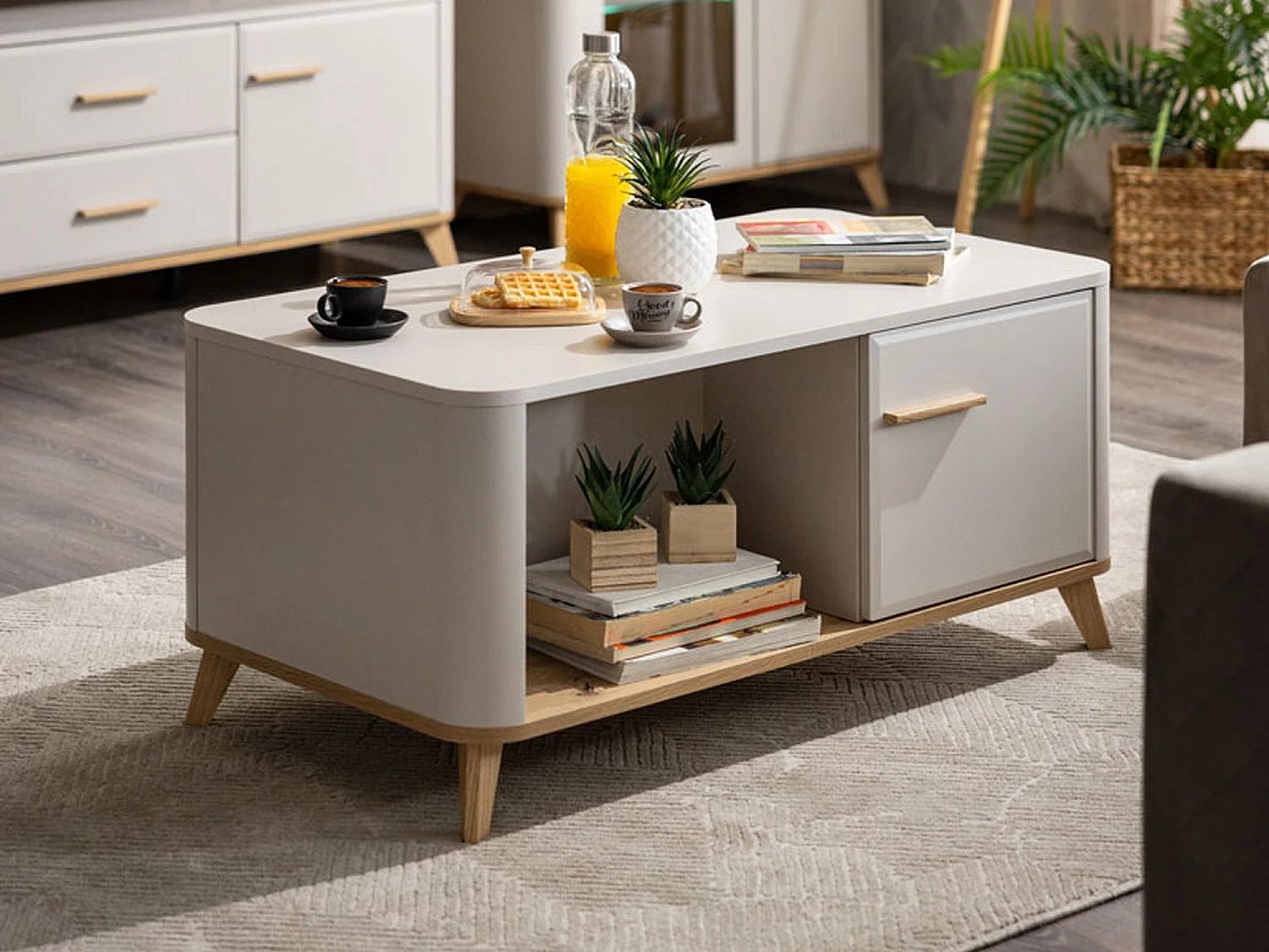 Tavolino da Salotto Patu, con Piedini, 101x55x46h cm Beige, un Vano, Forma Rettangolare