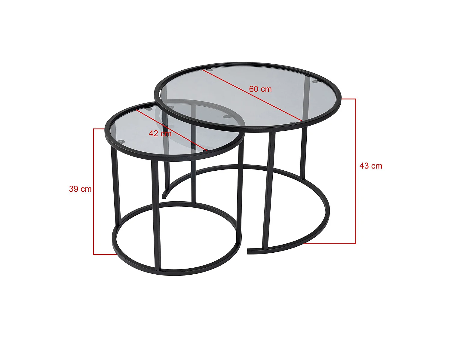 Tavolino da Salotto Vetusto, Modulabile, 42x42x39h cm Nero, Forma Rotondo, Sfumatura Colore Ripiano Fume