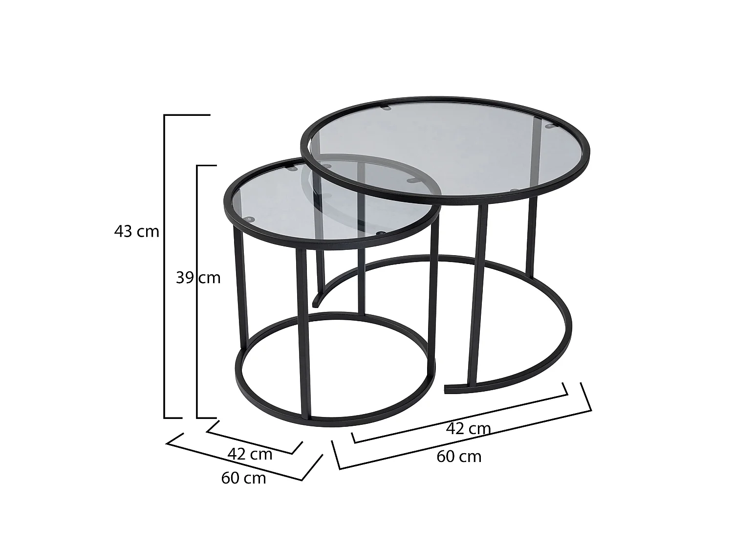 Tavolino da Salotto Vetusto, Modulabile, 42x42x39h cm Nero, Forma Rotondo, Sfumatura Colore Ripiano Fume