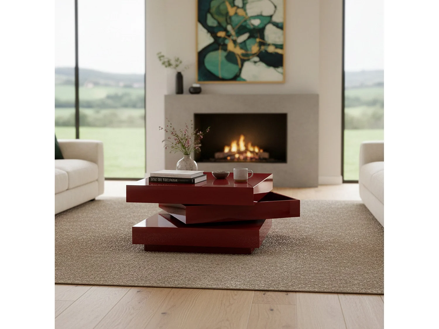 Tavolino da Salotto Pascoli, Forma Irregolare, 70x70x39h cm Rosso, Colore Ripiano Rosso, Materiale Piano in Legno Nobilitato