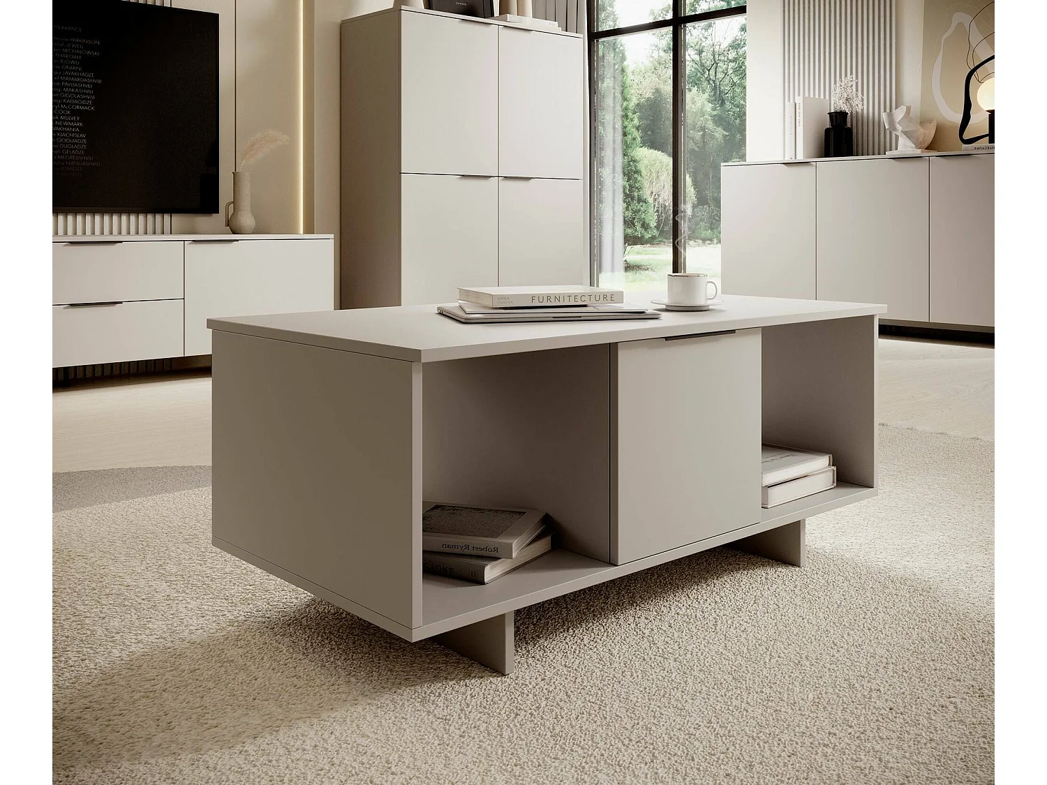 Salontafel Rhos, 3 vakken, 100x55x55h cm beige, rechthoekig, blad van gemelamineerd hout