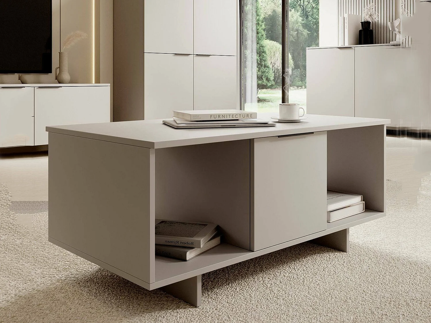 Salontafel Rhos, 3 vakken, 100x55x55h cm beige, rechthoekig, blad van gemelamineerd hout