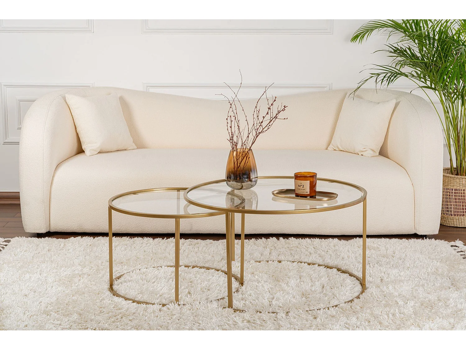 Tavolino da Salotto Telti, Piano in Vetro Temperato, 80x80x43h cm oro, Forma Rotondo, Materiale Piano in Vetro