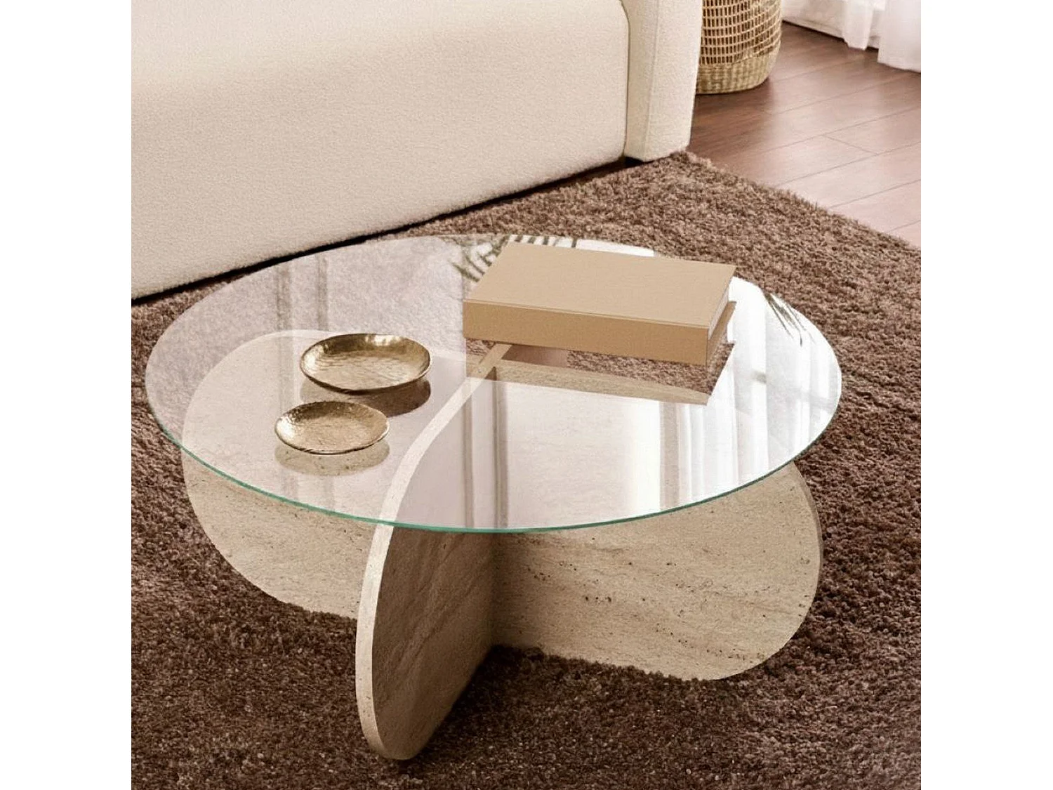 Table basse Cugnoli, forme ronde, 75x75x35h cm blanc marbre, plateau en verre, couleur du dessus transparent