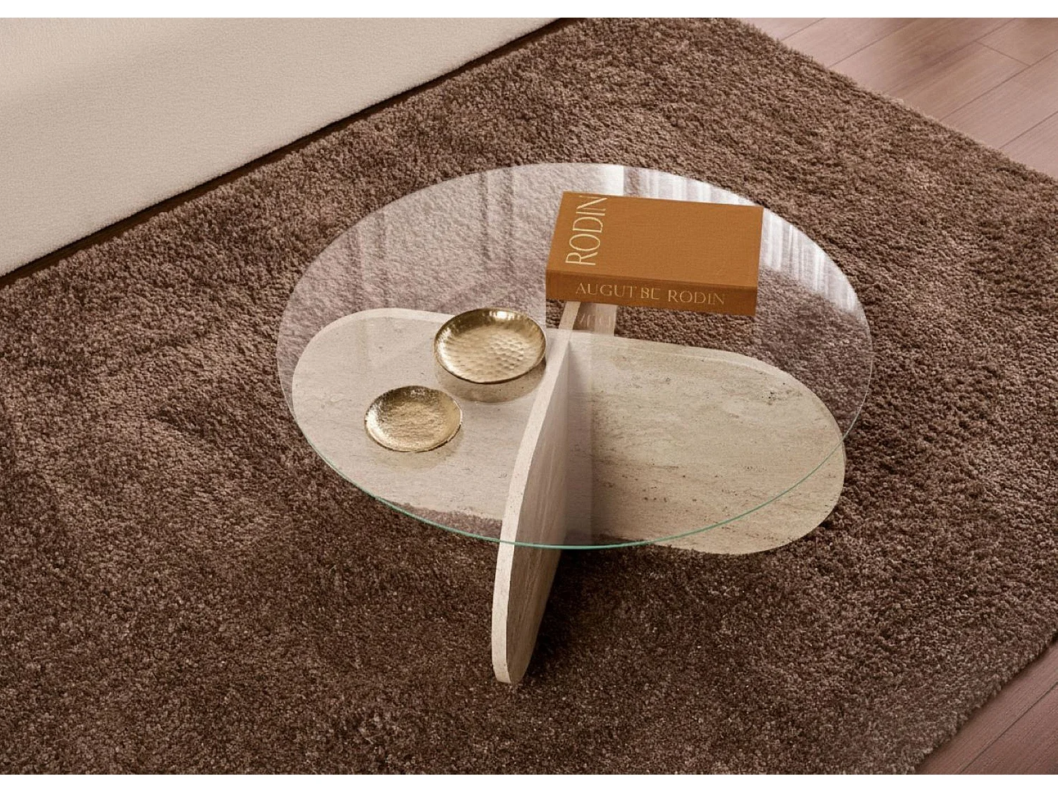 Table basse Cugnoli, forme ronde, 75x75x35h cm blanc marbre, plateau en verre, couleur du dessus transparent
