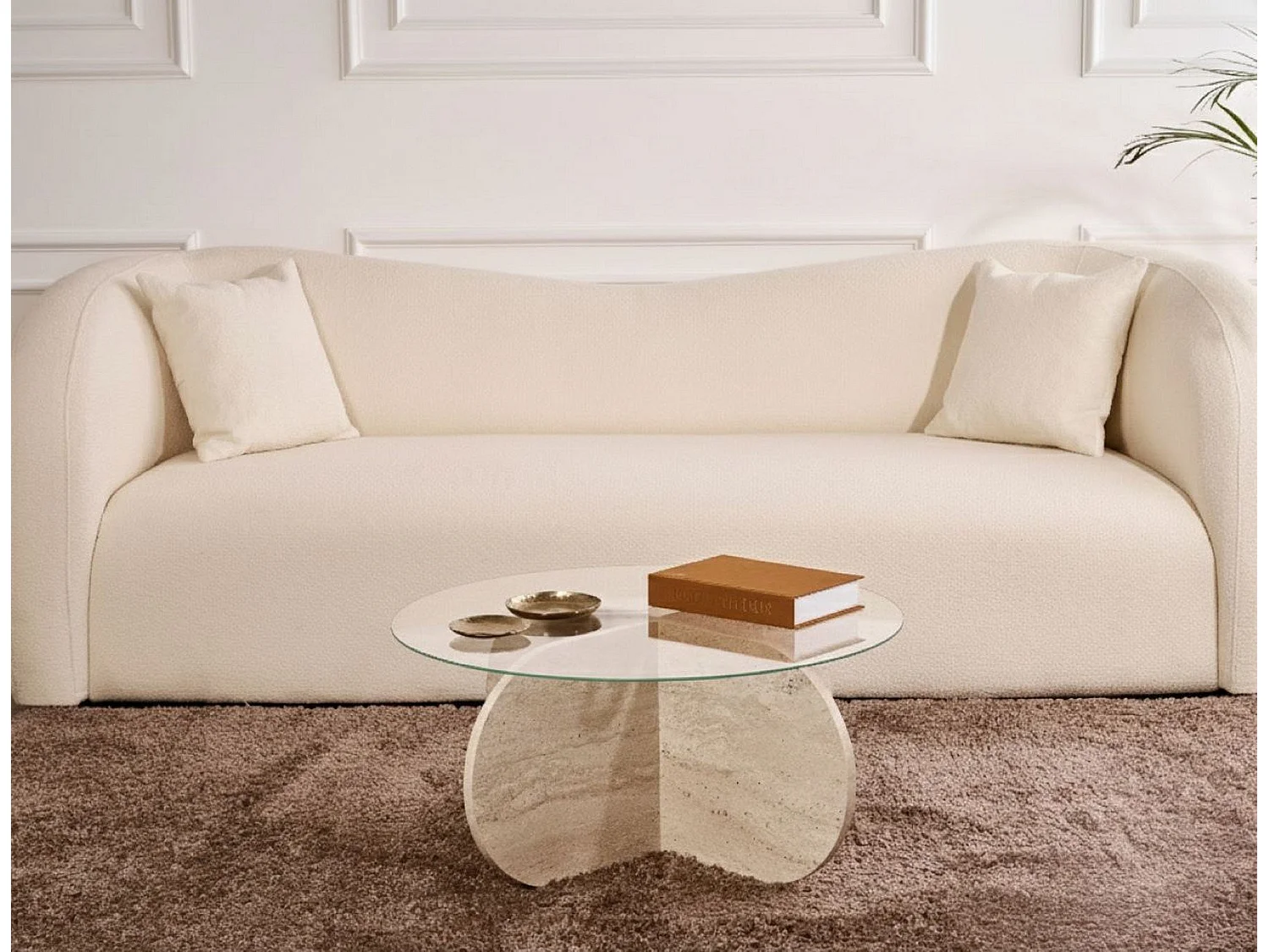 Table basse Cugnoli, forme ronde, 75x75x35h cm blanc marbre, plateau en verre, couleur du dessus transparent