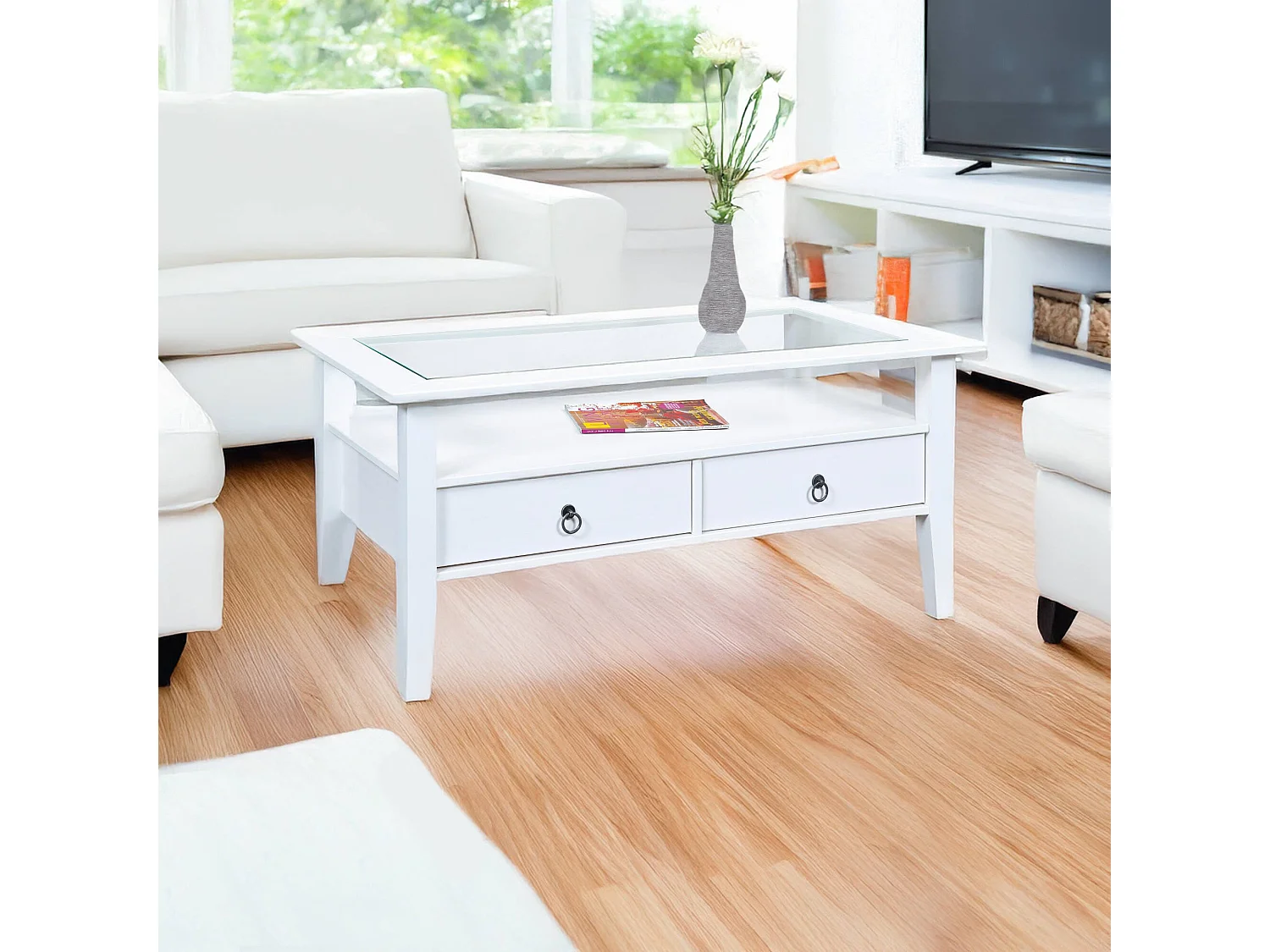 Tavolino da Salotto Minturno, 2 Cassetti, 115x60x45h cm Bianco, Portariviste, un Vano