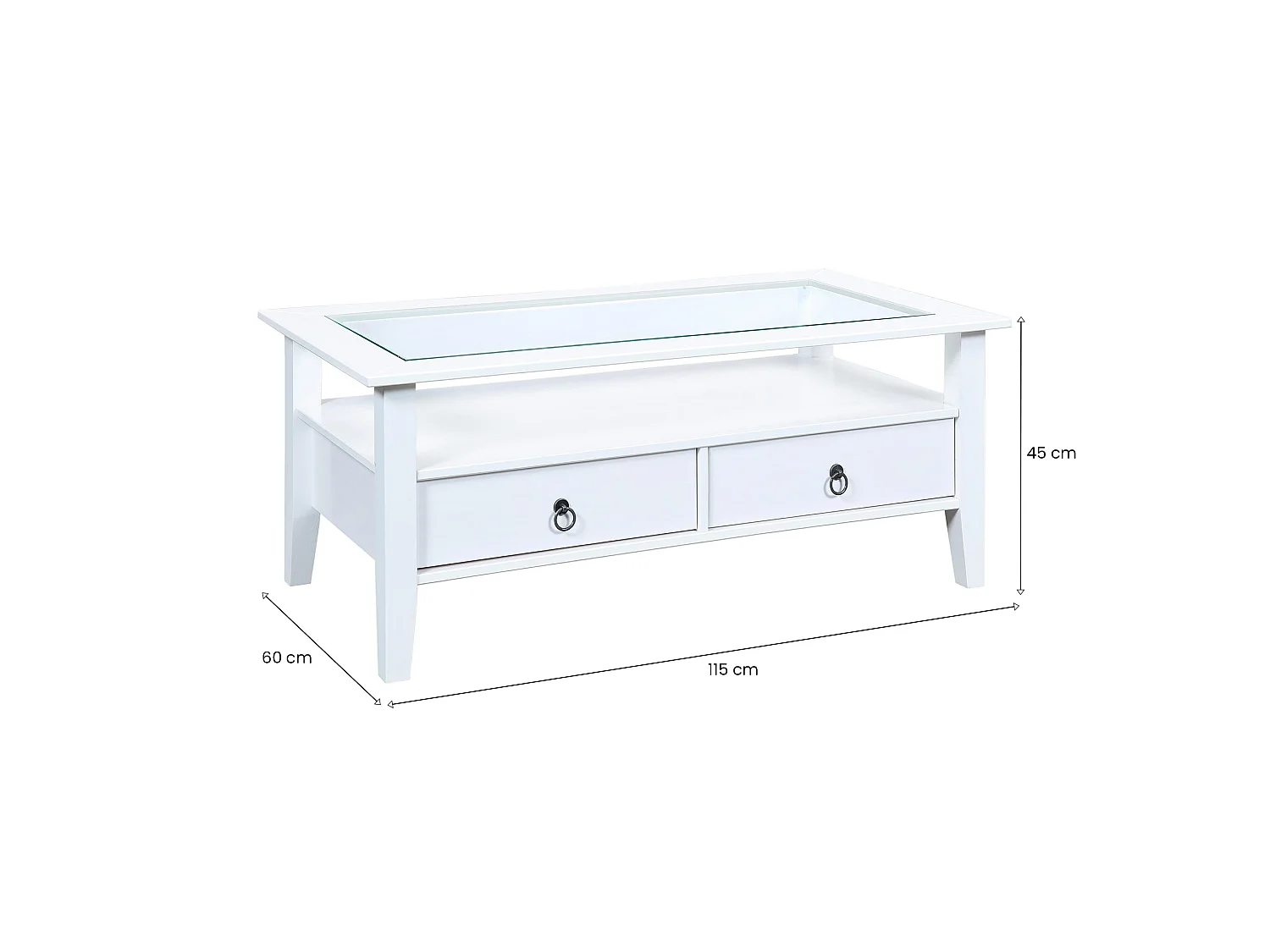 Tavolino da Salotto Minturno, 2 Cassetti, 115x60x45h cm Bianco, Portariviste, un Vano