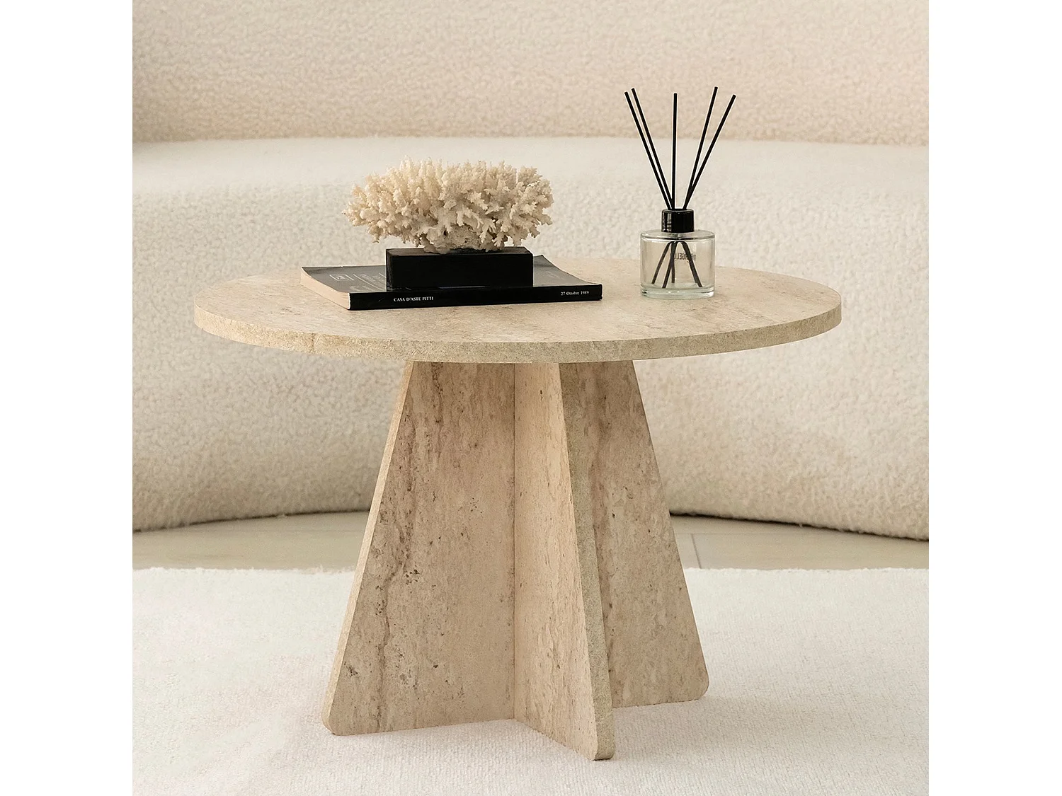 Table basse Armanda, ronde, 60x60x40h cm beige marbre, plateau en bois noble, coloris beige