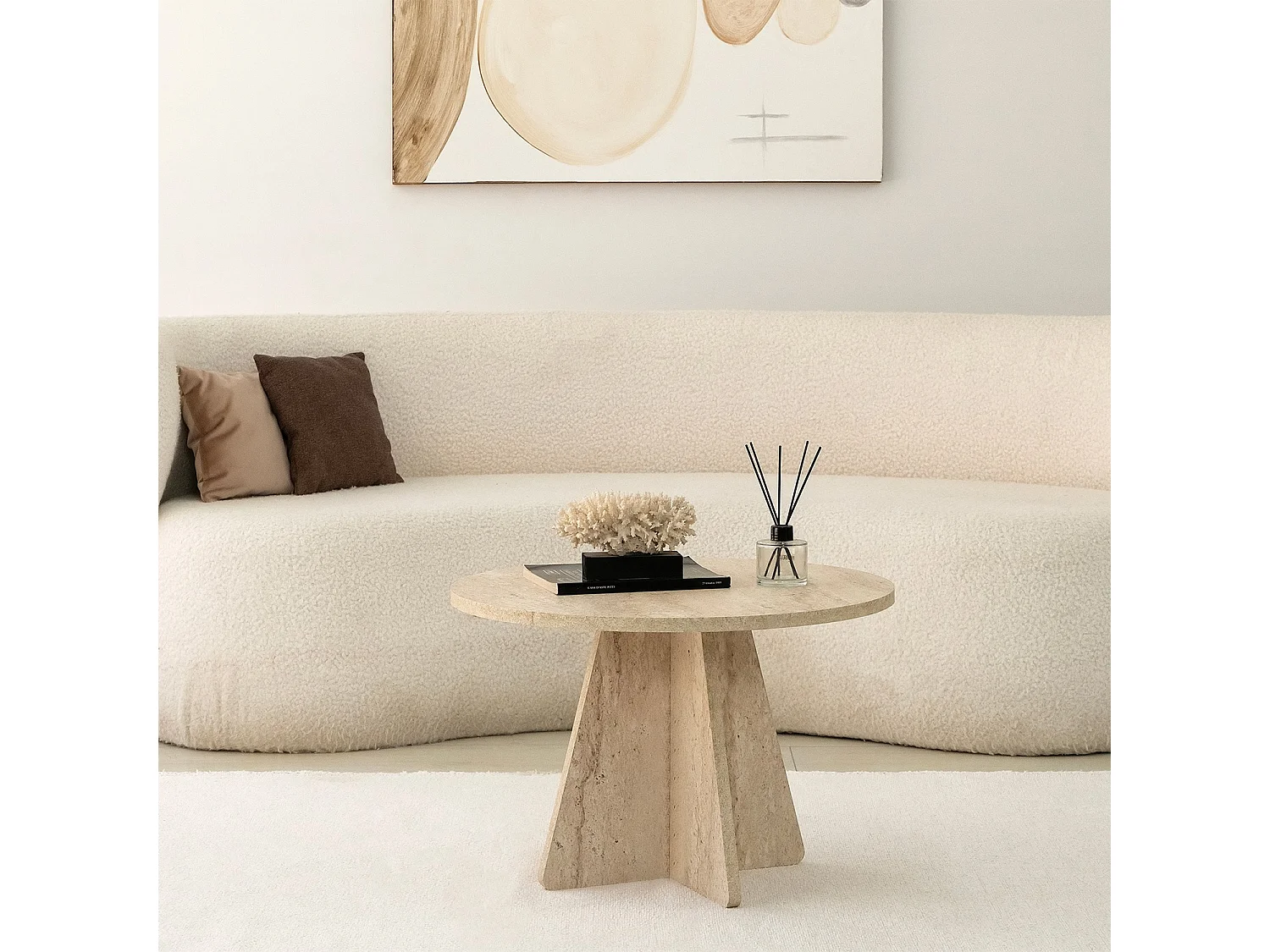 Table basse Armanda, ronde, 60x60x40h cm beige marbre, plateau en bois noble, coloris beige