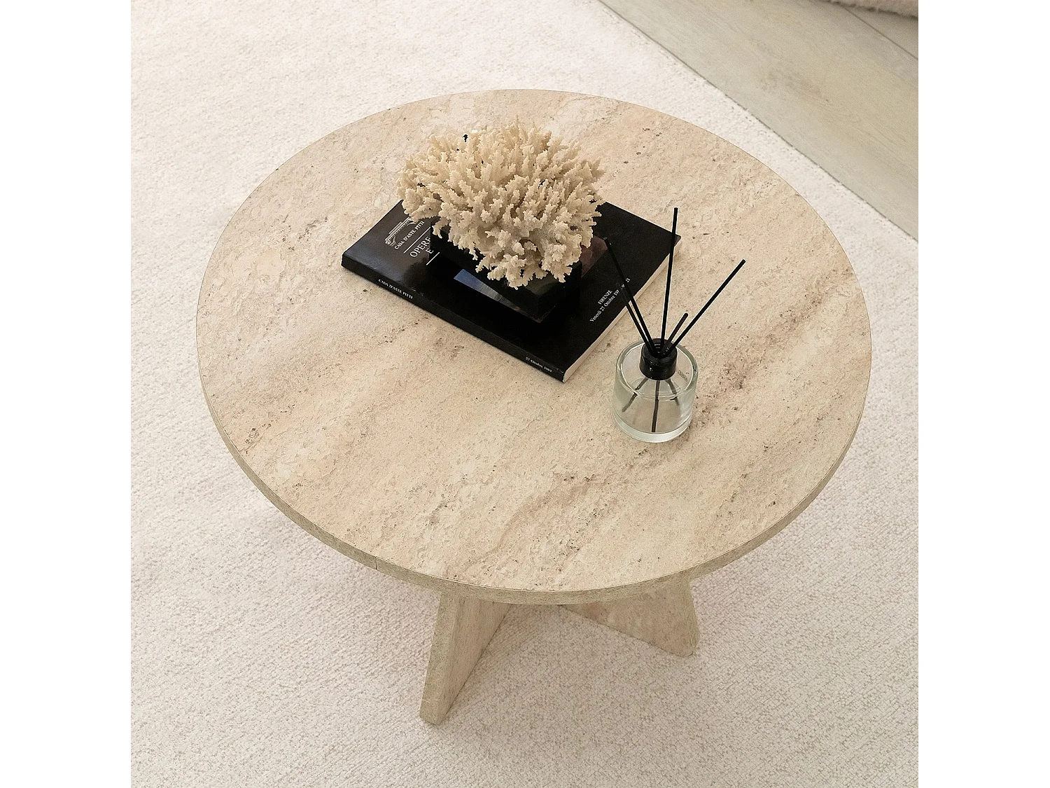 Table basse Armanda, ronde, 60x60x40h cm beige marbre, plateau en bois noble, coloris beige