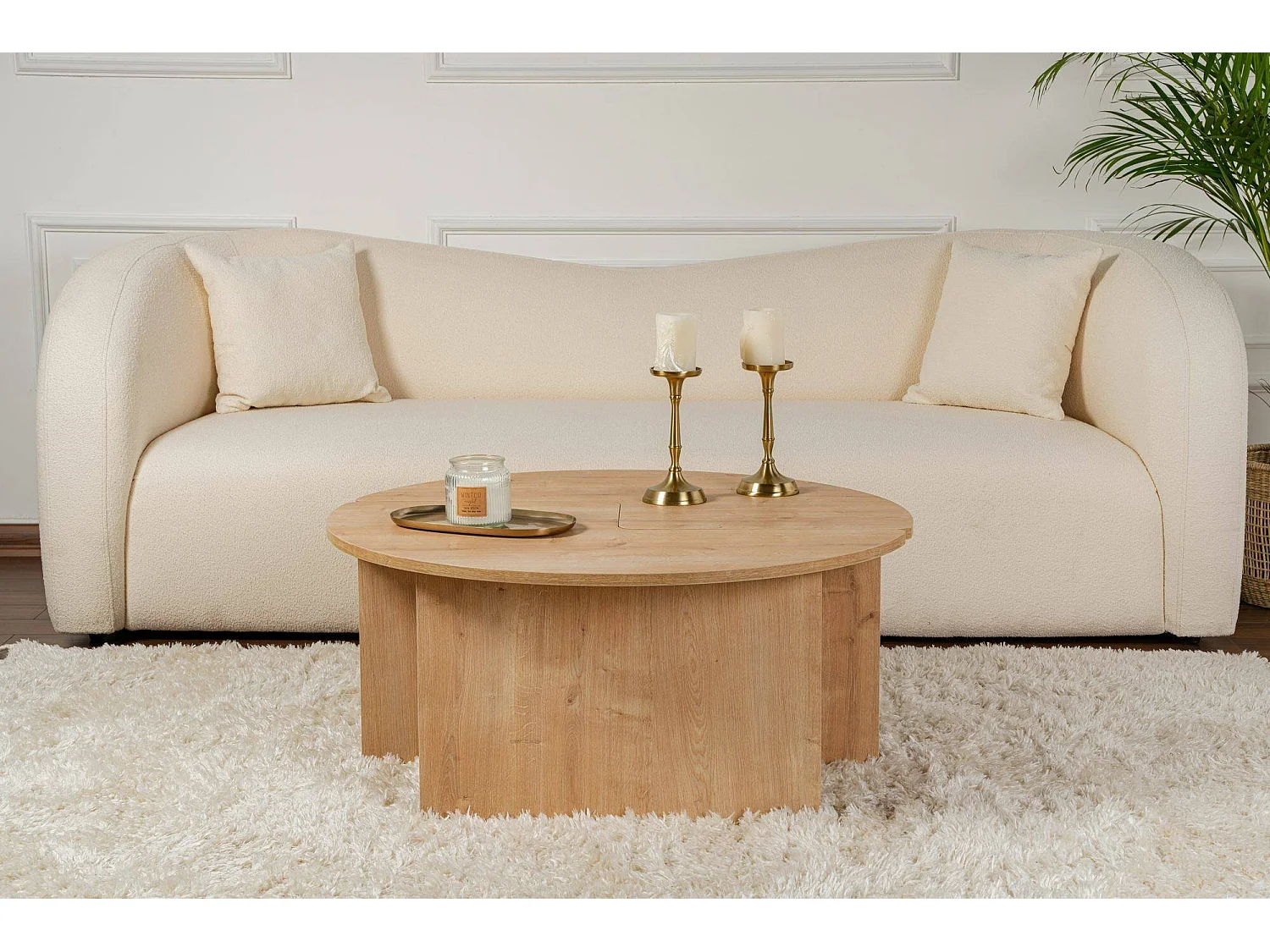 Salontafel Tairn, rond, 90x90x41h cm eikenbruin, massief houten blad, kleur legplank bruin