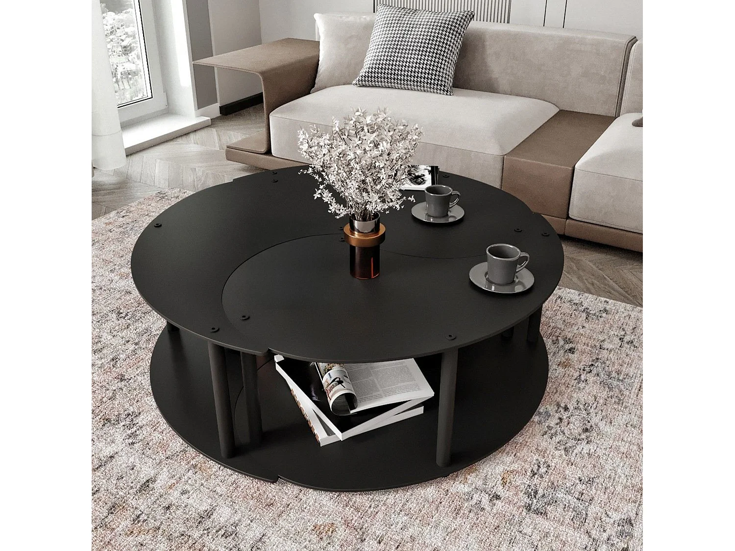 Tavolino da Salotto Gignese, set 3 Pezzi, 70x70x38h cm Nero, 3 Vani, Forma Rotondo