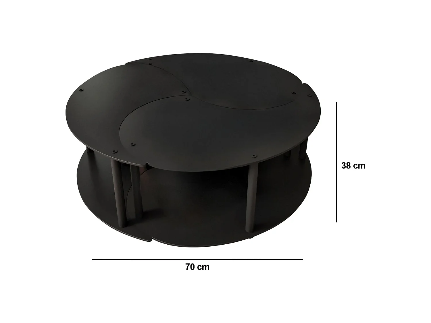 Tavolino da Salotto Gignese, set 3 Pezzi, 70x70x38h cm Nero, 3 Vani, Forma Rotondo
