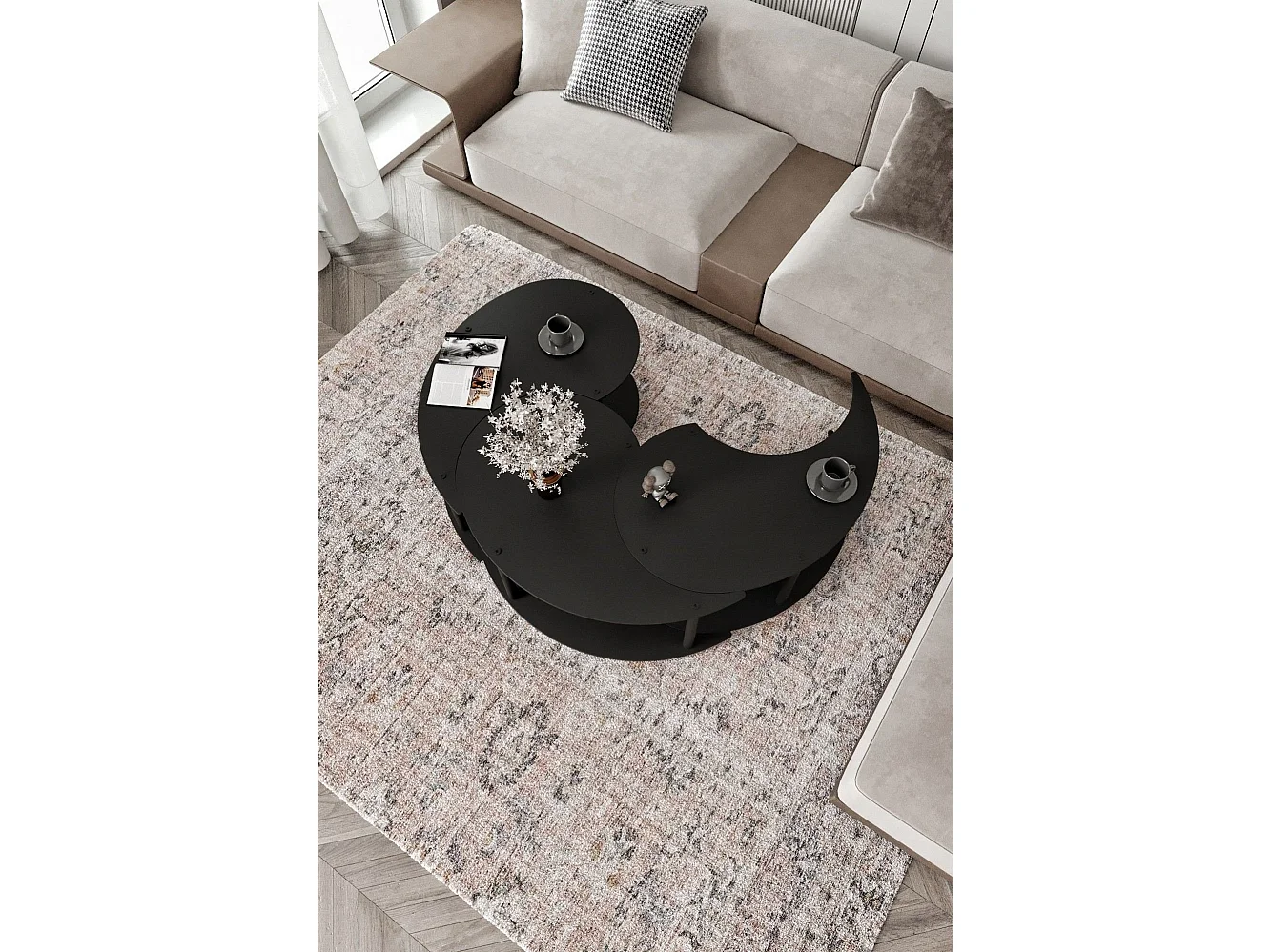 Tavolino da Salotto Gignese, set 3 Pezzi, 70x70x38h cm Nero, 3 Vani, Forma Rotondo