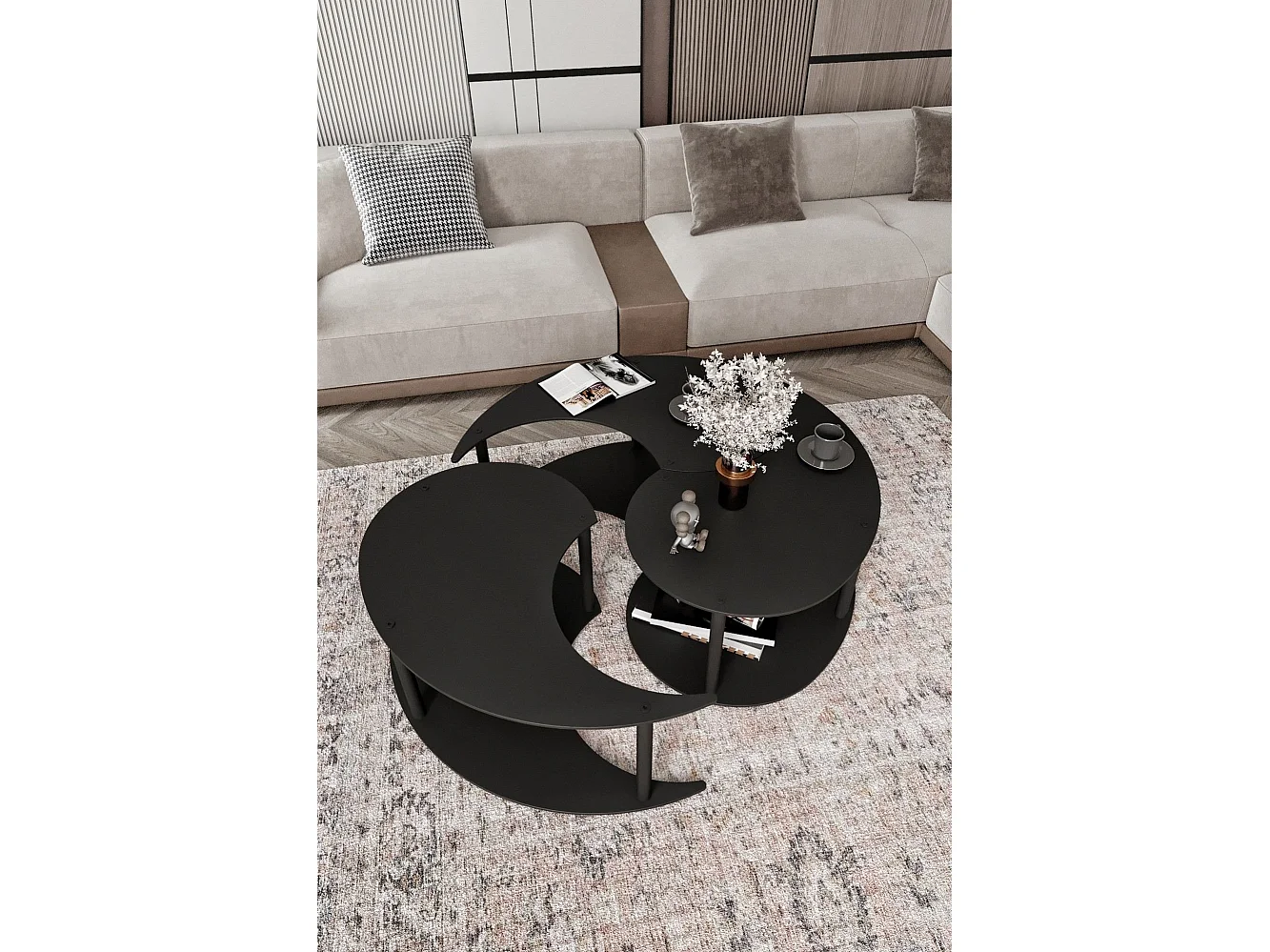 Tavolino da Salotto Gignese, set 3 Pezzi, 70x70x38h cm Nero, 3 Vani, Forma Rotondo
