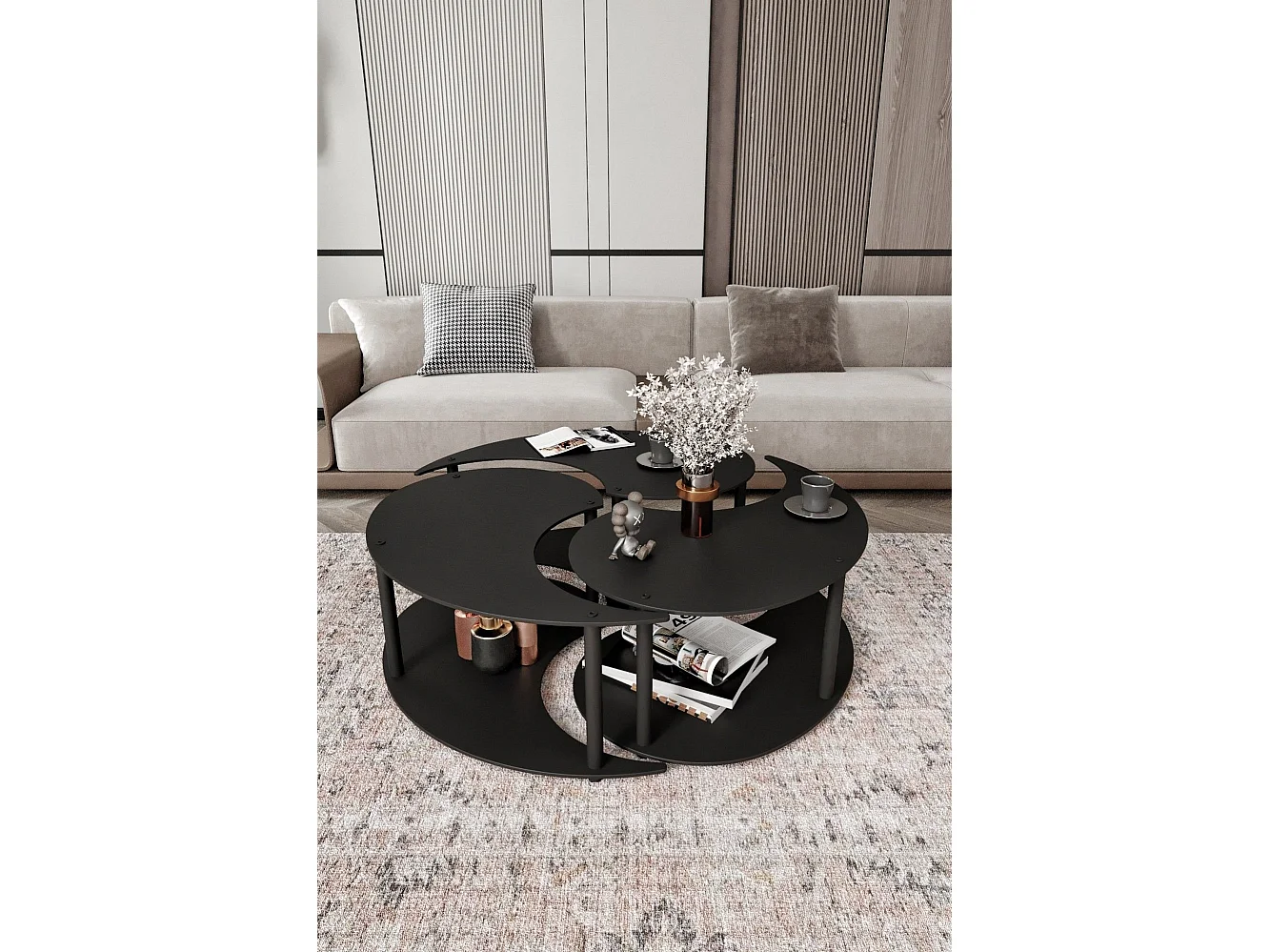 Tavolino da Salotto Gignese, set 3 Pezzi, 70x70x38h cm Nero, 3 Vani, Forma Rotondo