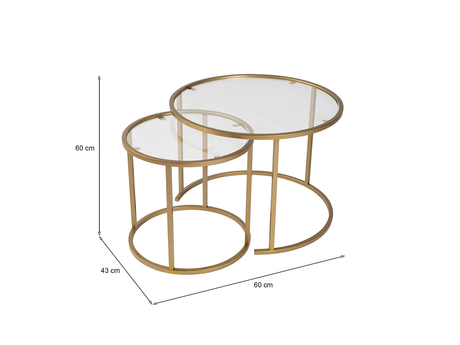 Salontafel Xaden, set van 2 tafels max. draagvermogen 10 kg, 60x60x43h cm goud, rond, glazen blad