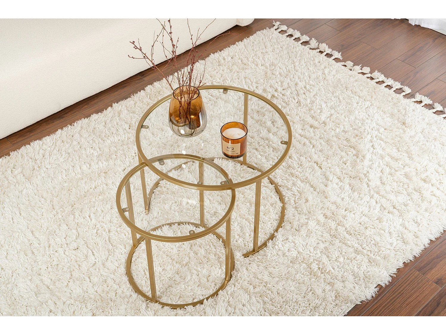 Salontafel Xaden, set van 2 tafels max. draagvermogen 10 kg, 60x60x43h cm goud, rond, glazen blad