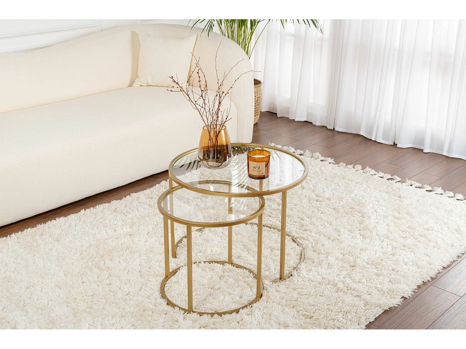 Salontafel Xaden, set van 2 tafels max. draagvermogen 10 kg, 60x60x43h cm goud, rond, glazen blad