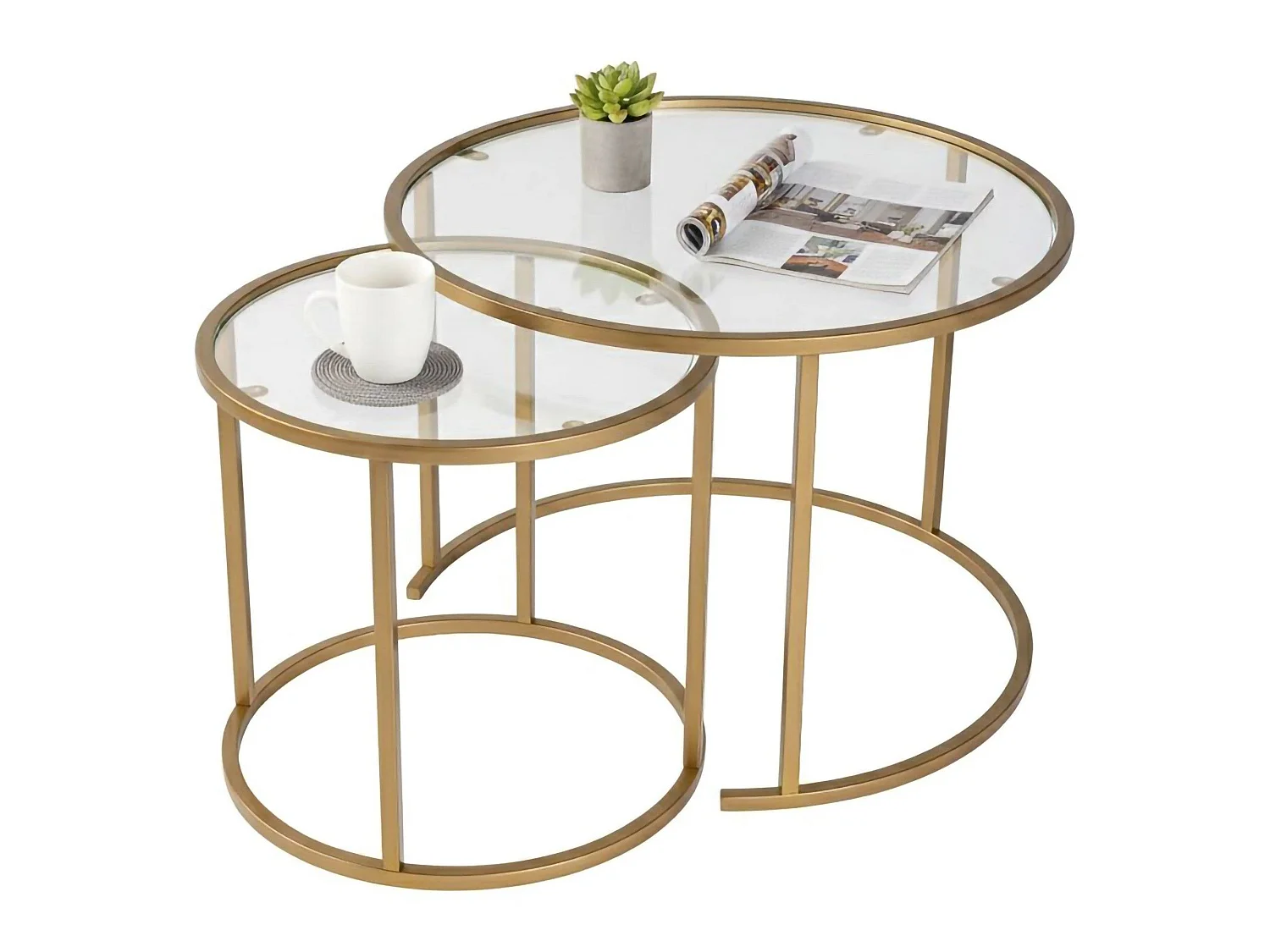 Mesa de centro Xaden, conjunto de 2 mesas, peso máx. suportado 10 kg, 60x60x43h cm dourado, forma redonda, tampo em vidro