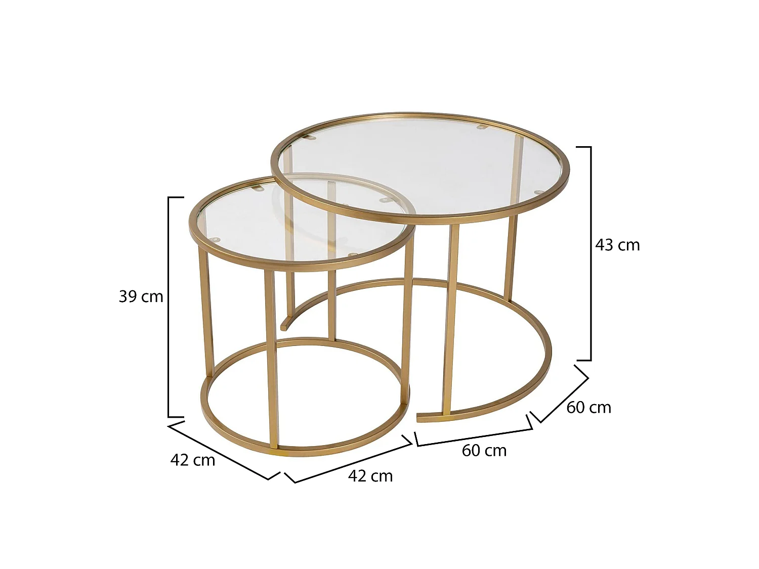 Mesa de centro Xaden, conjunto de 2 mesas, peso máx. suportado 10 kg, 60x60x43h cm dourado, forma redonda, tampo em vidro