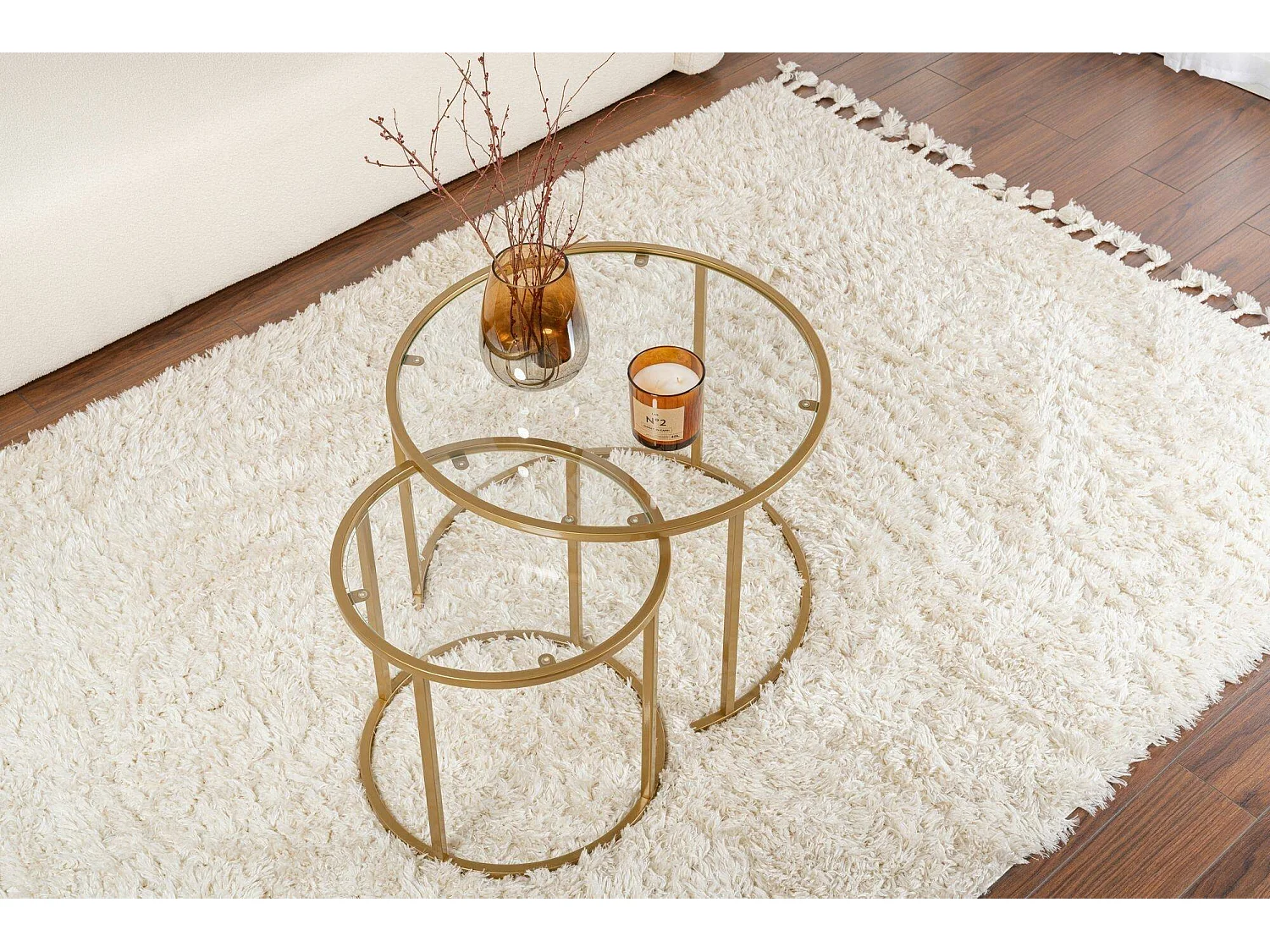 Mesa de centro Xaden, conjunto de 2 mesas, peso máx. suportado 10 kg, 60x60x43h cm dourado, forma redonda, tampo em vidro